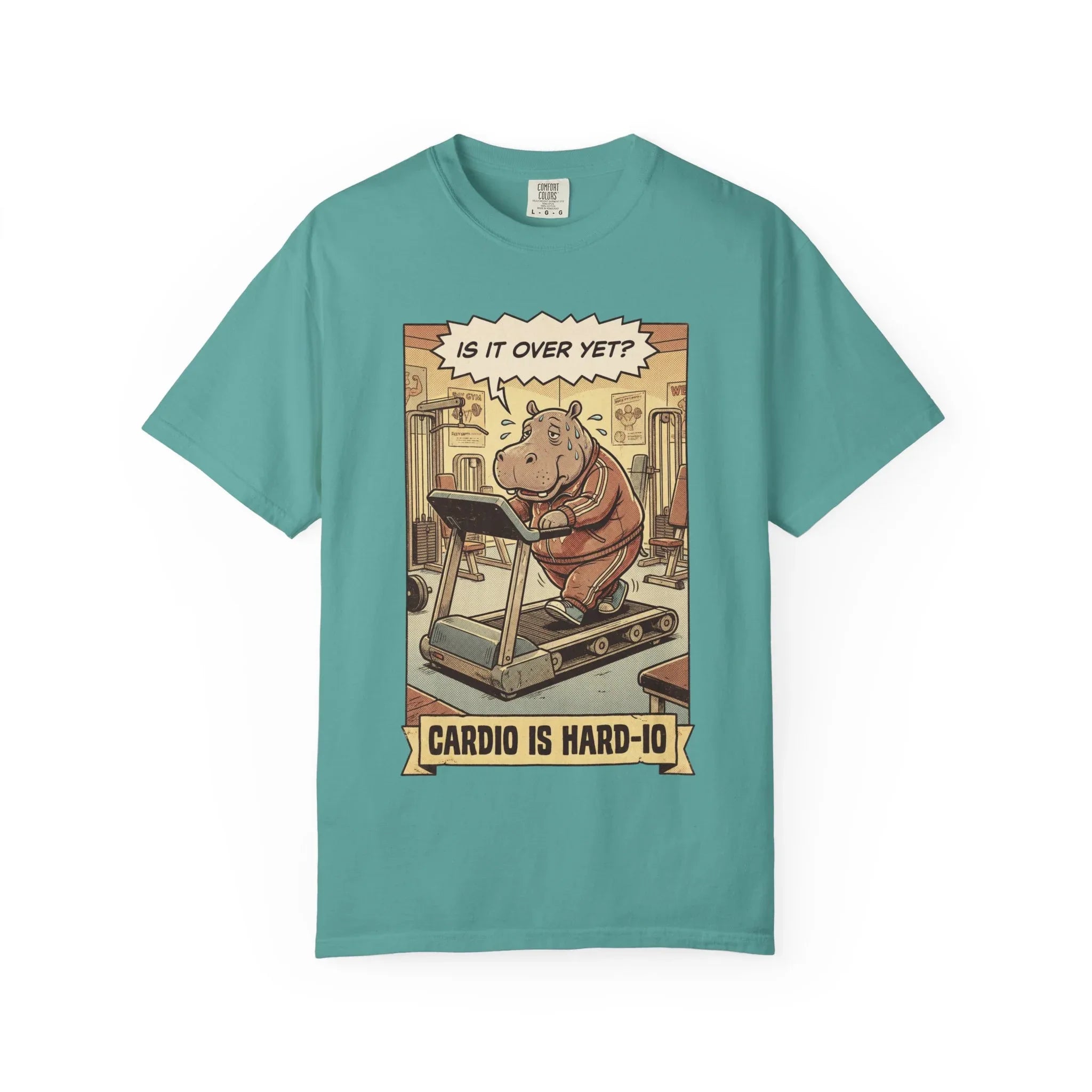 Funny Hippo Gym Shirt - "Cardio is Hard-io" Retro Workout Tee - Sarcastic Fitness Graphic T-Shirt - Vintage Runner & Weightlifter Gift - Humorous Exercise Streetwear Seafoam