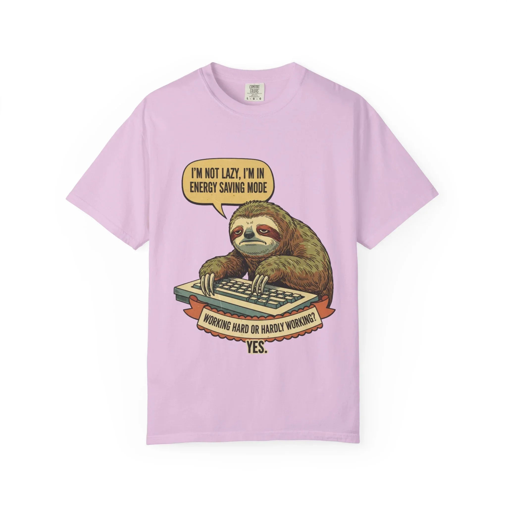 Funny Sloth Shirt - "I'm In Energy Saving Mode" Office Humor Tee - Programmer T-Shirt - Lazy Animal Lover Gift - Retro Style Sloth Graphic Tee Orchid
