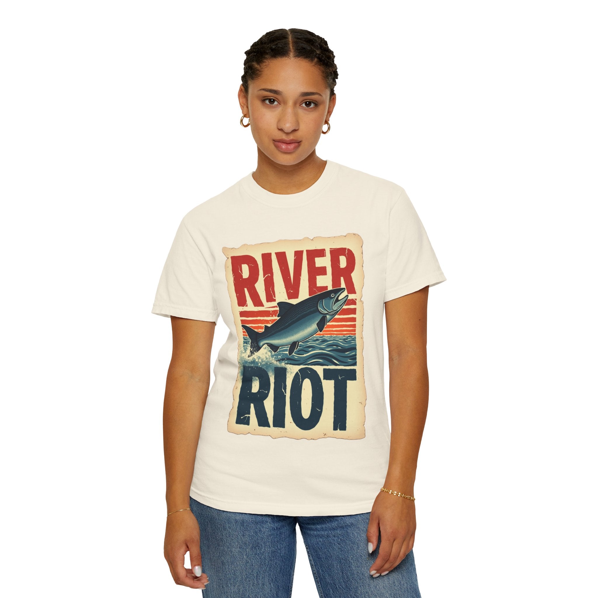 River Riot Salmon T-Shirt, Retro Fishing Graphic Tee, Vintage Fish Poster Design, Leaping Salmon Sunburst Stripes, Unisex Garment-Dyed