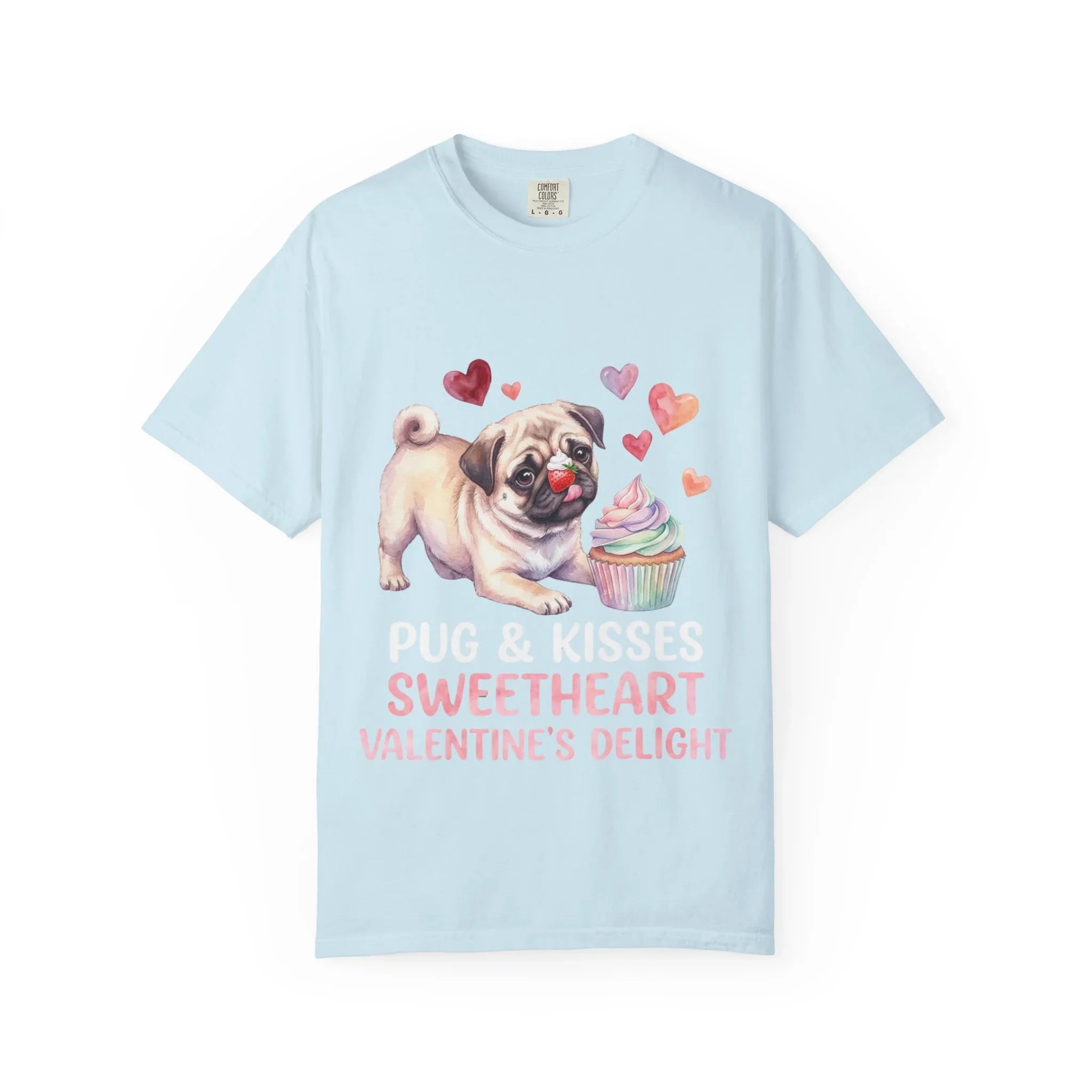 Pug Cupcake Sweetheart Valentines Delight T Shirt Cute Dog Hearts Watercolor Cozy Vintage Aesthetic Gift Pug Lovers Soft Cotton Romantic Tee Chambray