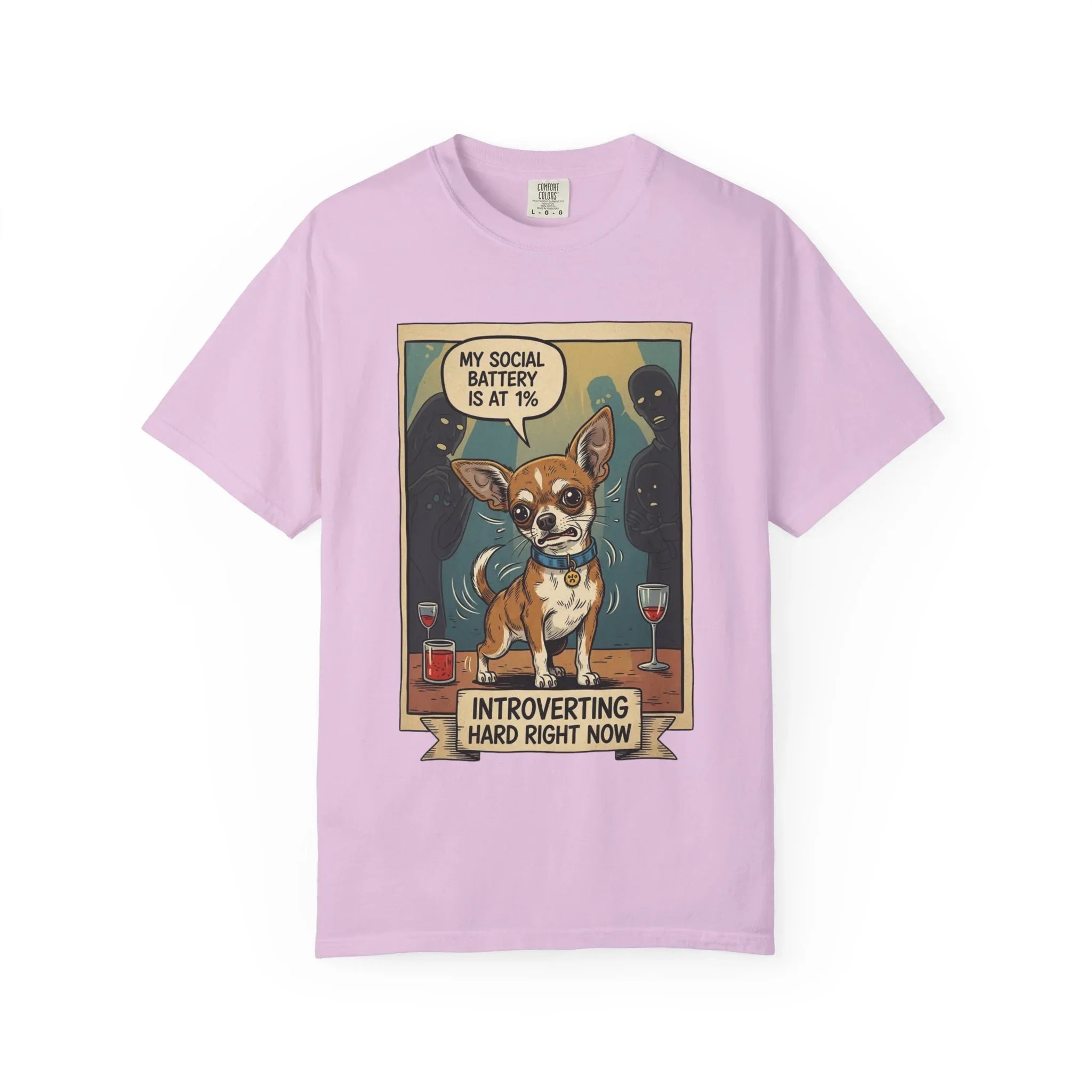 Funny Chihuahua Shirt - "Social Battery 1 Percent" Introvert Tee - Sarcastic Dog Mom Gift - Retro Graphic T-Shirt - Humorous Dog Lover "Introverting Hard" Top Orchid
