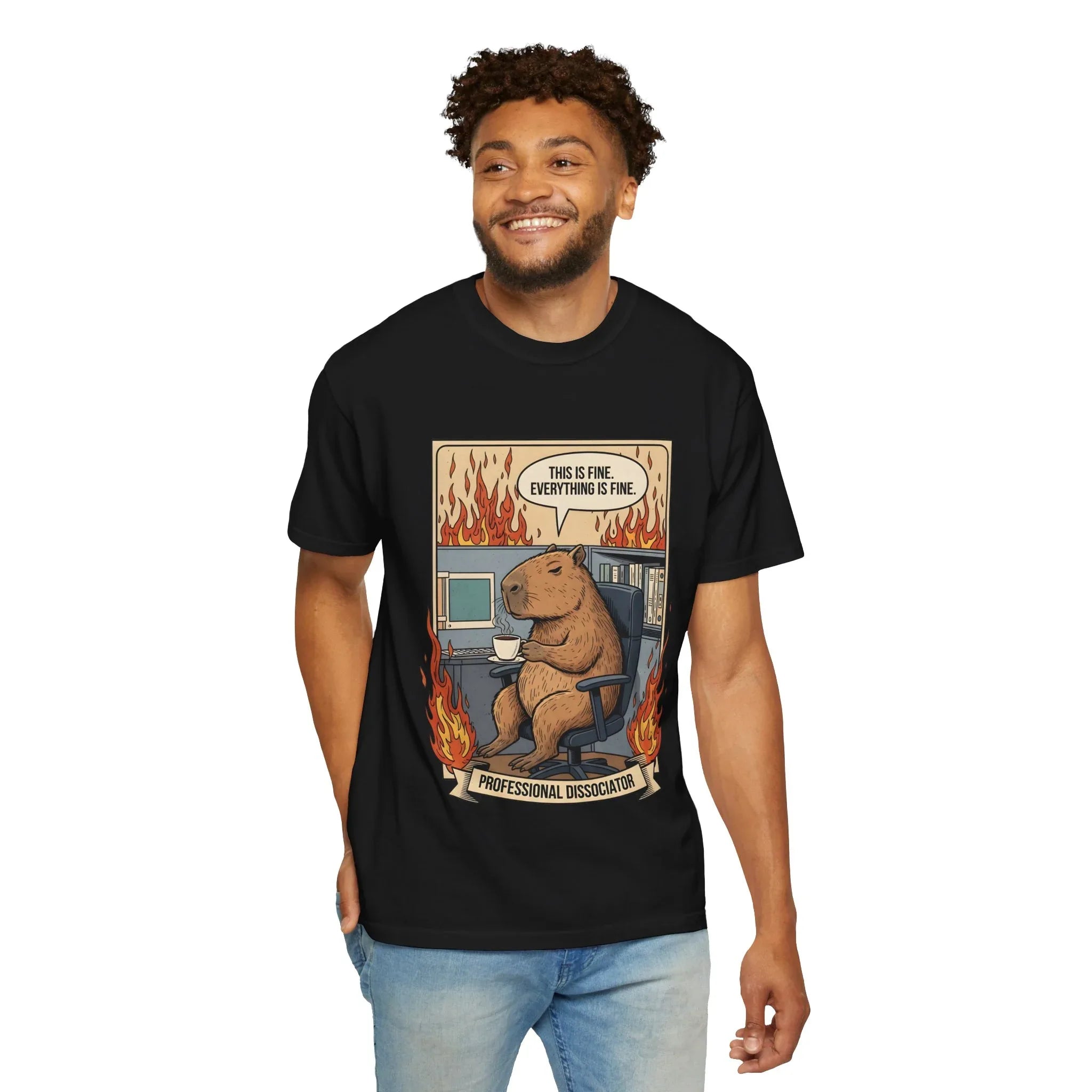 Funny Capybara Shirt - "This Is Fine" Meme Hoodie - Professional Dissociator Gift - Office Humor Graphic Tee - Anxiety & Mental Health Crewneck - Cute Chill Rodent Top