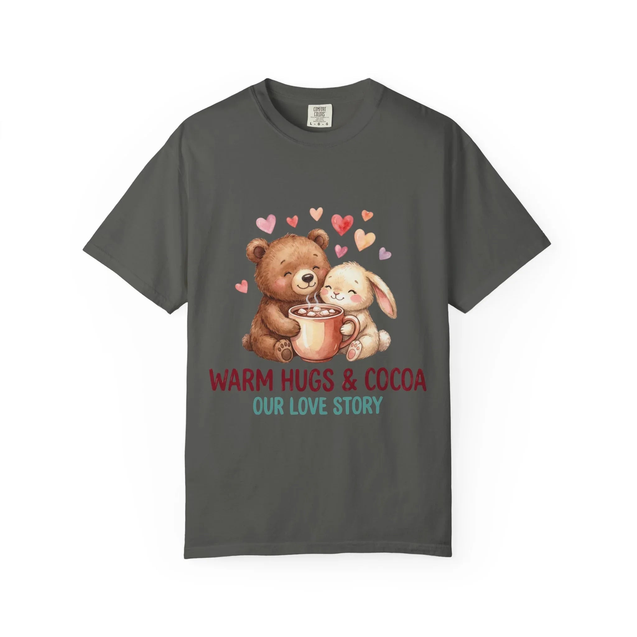 Warm Hugs and Cocoa Our Love Story T-Shirt | Bear Bunny Illustration | Cozy Winter Valentine Gift | Soft Vintage Storybook Tee Pepper