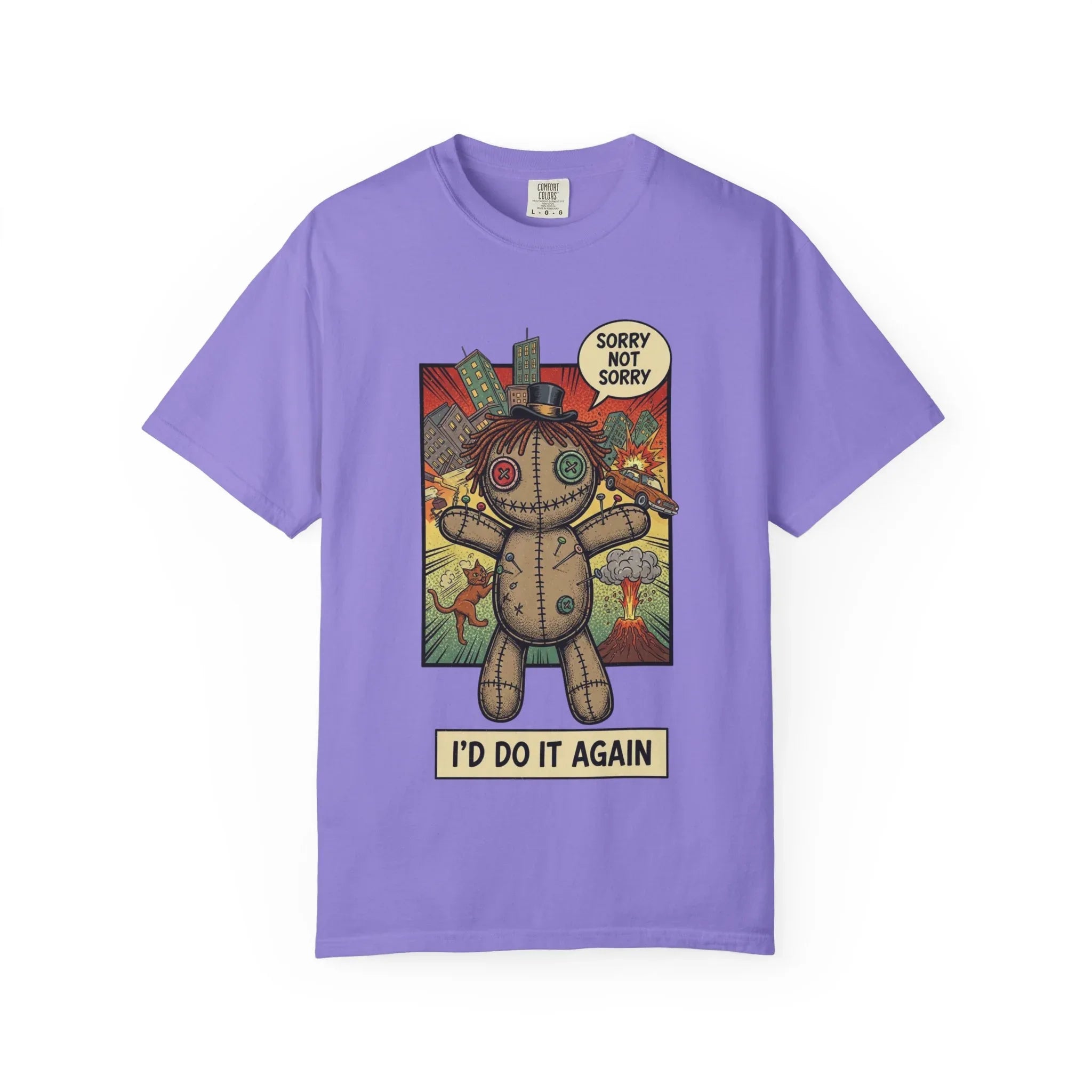 Funny Voodoo Doll Sarcastic Shirt - Retro Comic Dark Humor Graphic Tee - "I'd Do It Again" Sorry Not Sorry Unapologetic Mood T-Shirt - Vintage Garment-Dyed Streetwear Violet