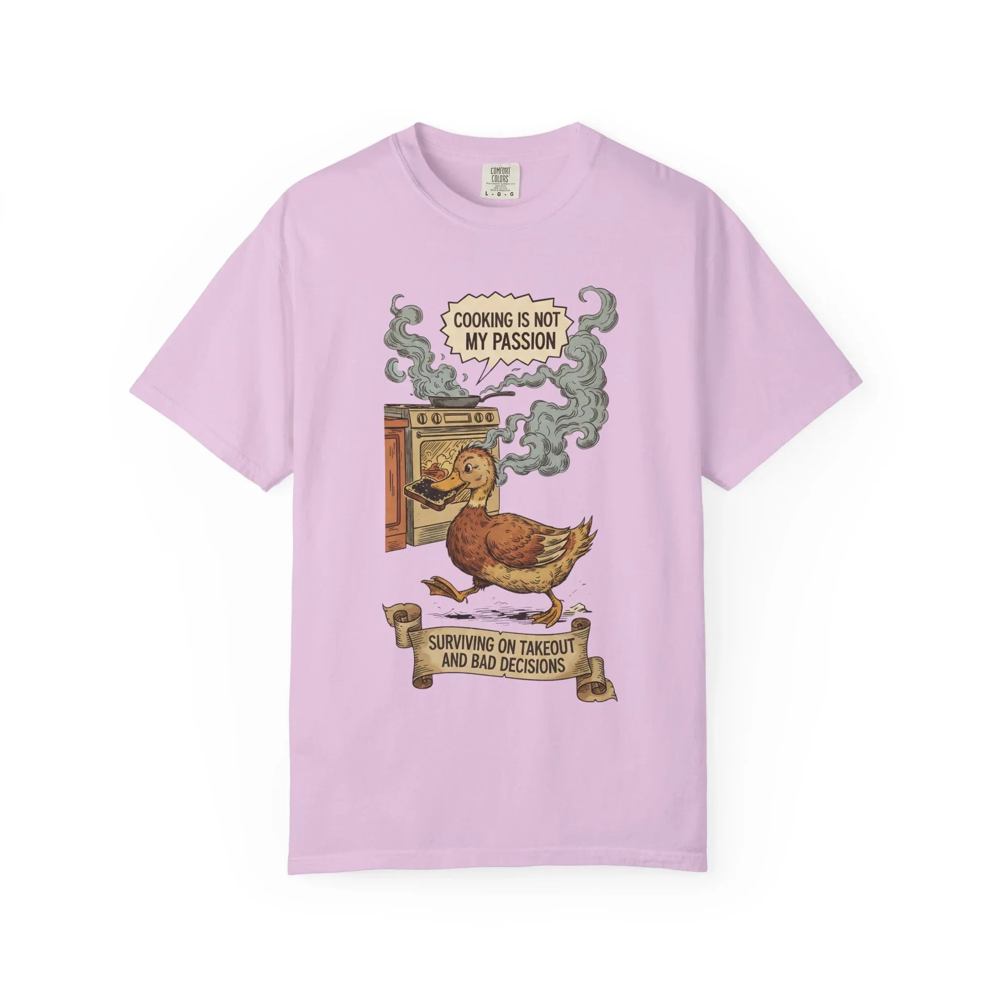 Funny Cooking Duck Shirt - "Cooking Is Not My Passion" Tee - Bad Cook Kitchen Fail Gift - Retro Duck Meme T-Shirt - Humorous Home Chef Gift for Mom & Dad Orchid