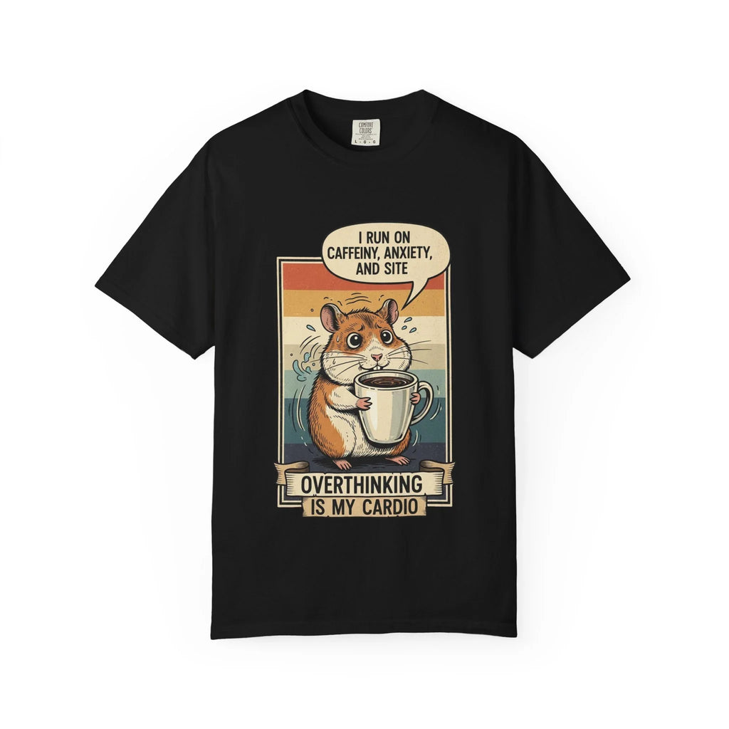 Funny Overthinking Hamster T-Shirt Retro Coffee Lover Gift Stress Anxiety Shirt Sarcastic Mental Health Tee Vintage Hamster Mom Dad Gift Black