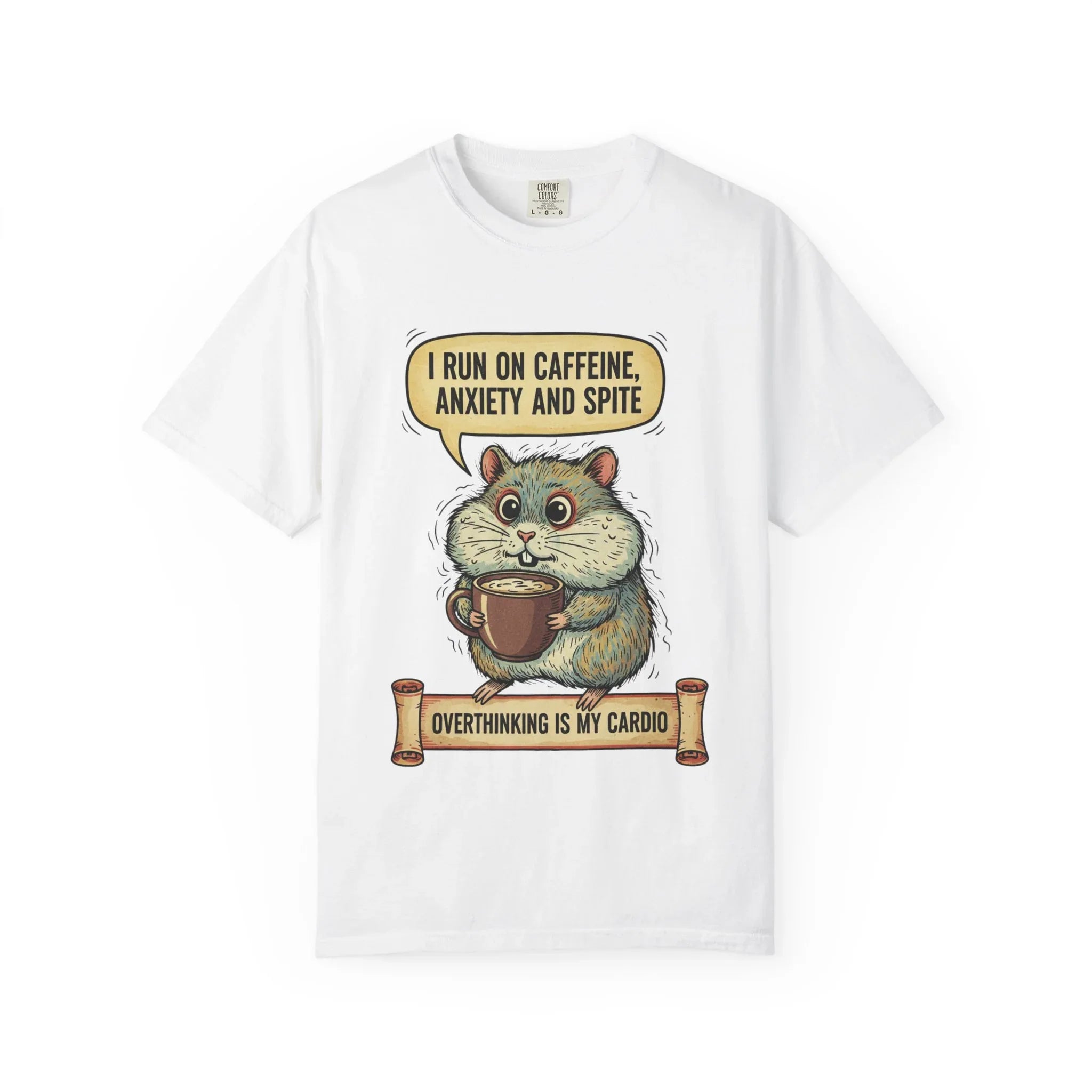 Funny Hamster Coffee Shirt - "Overthinking is My Cardio" T-Shirt - Caffeine Anxiety and Spite Gift - Sarcastic Mental Health Graphic Tee - Retro Jittery Hamster Overthinker Gift