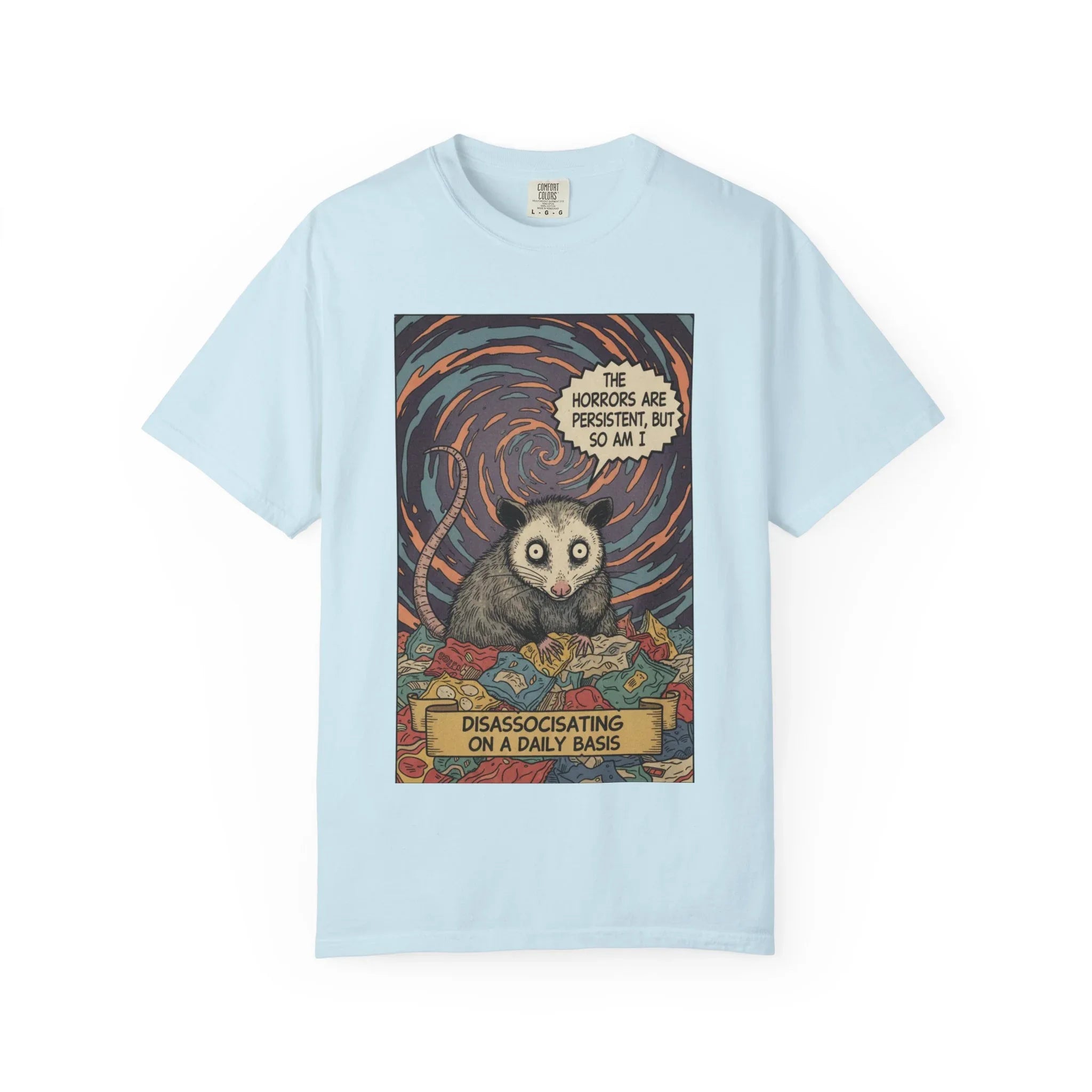 Funny Opossum Shirt The Horrors Are Persistent But So Am I T-Shirt Dissociating Daily Meme Gift Retro Possum Art Weirdcore Graphic Tee Chambray