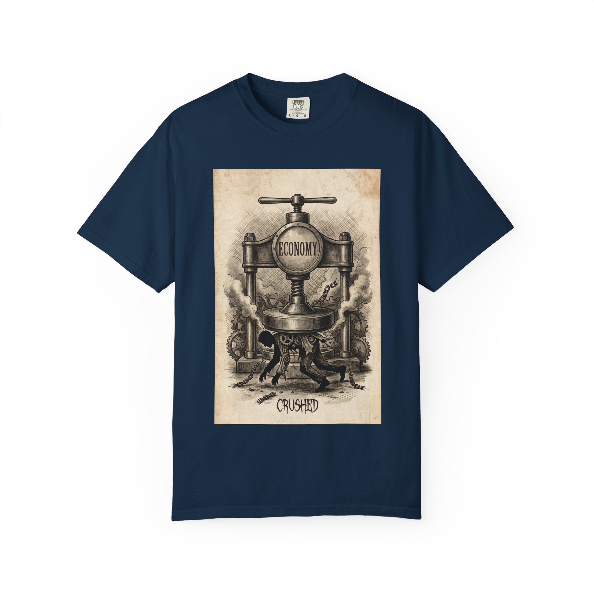 Vintage Economy Press T-Shirt | Retro Industrial Satire Tee | Dark Academia Social Comment Art Shirt | Gift for Philosophy & Economics Lovers" True Navy