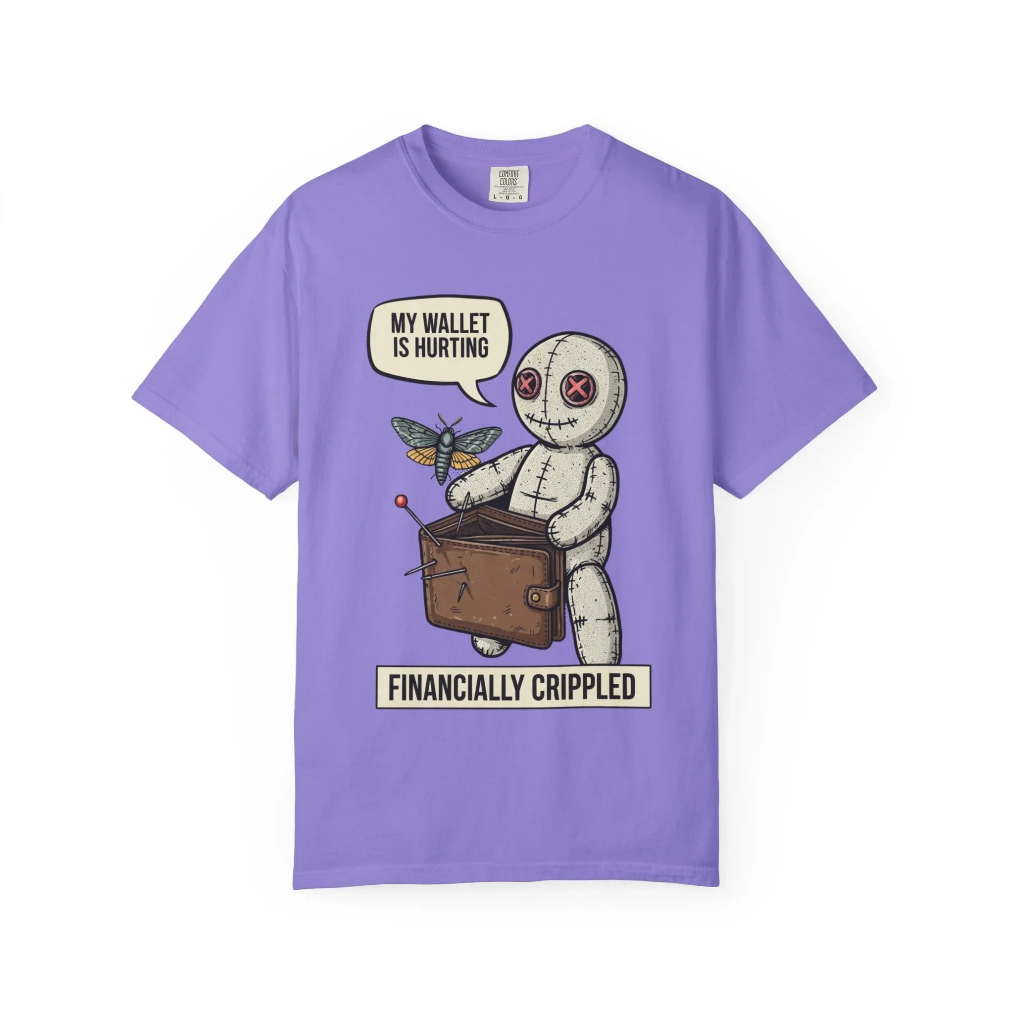 Funny Voodoo Doll Broke Life Shirt - Sarcastic "Financially Crippled" Graphic Tee - Retro Dark Humor Wallet T-Shirt - Vintage Aesthetic Streetwear Gift - Relatable Financial Struggle Mood Shirt Violet