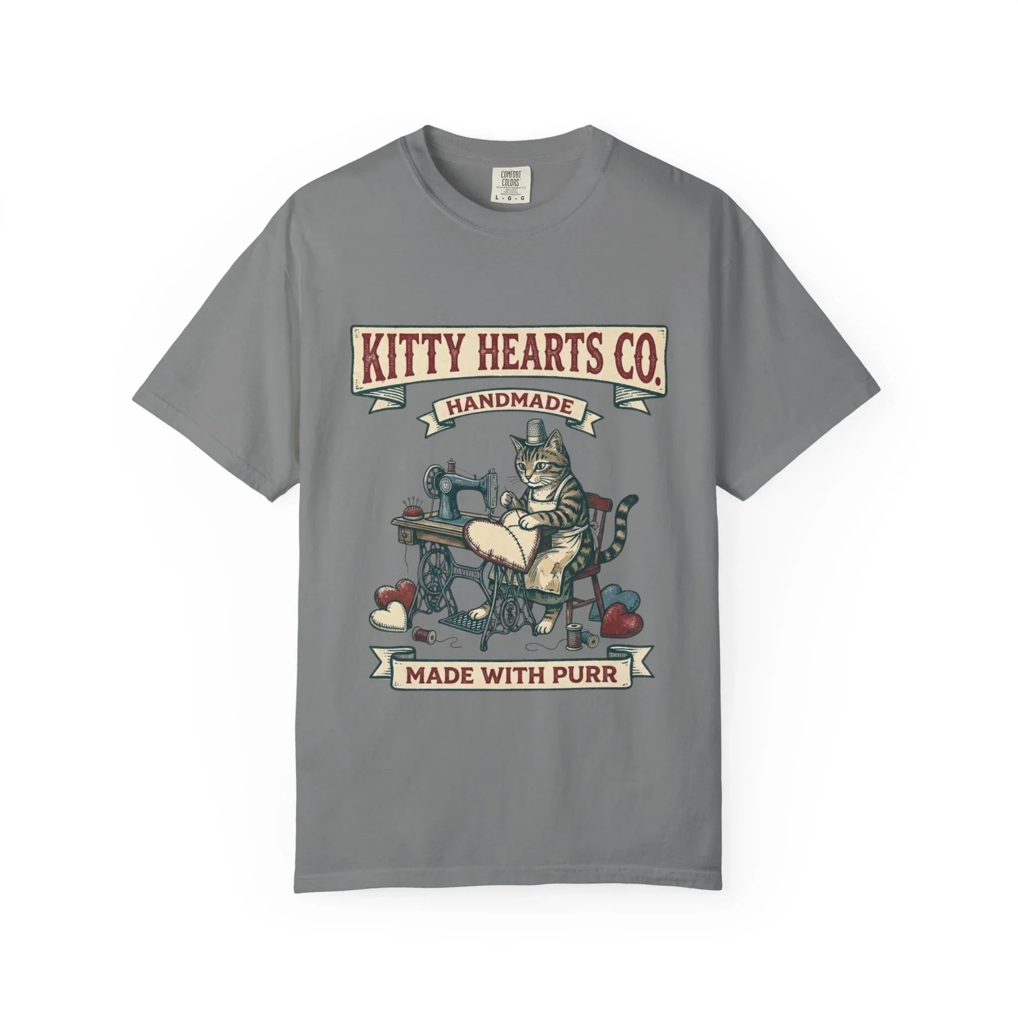Kitty Hearts Co T-Shirt | Vintage Sewing Cat Made With Purr Graphic Tee | Retro Craft Cat Lover Gift Shirt Grey