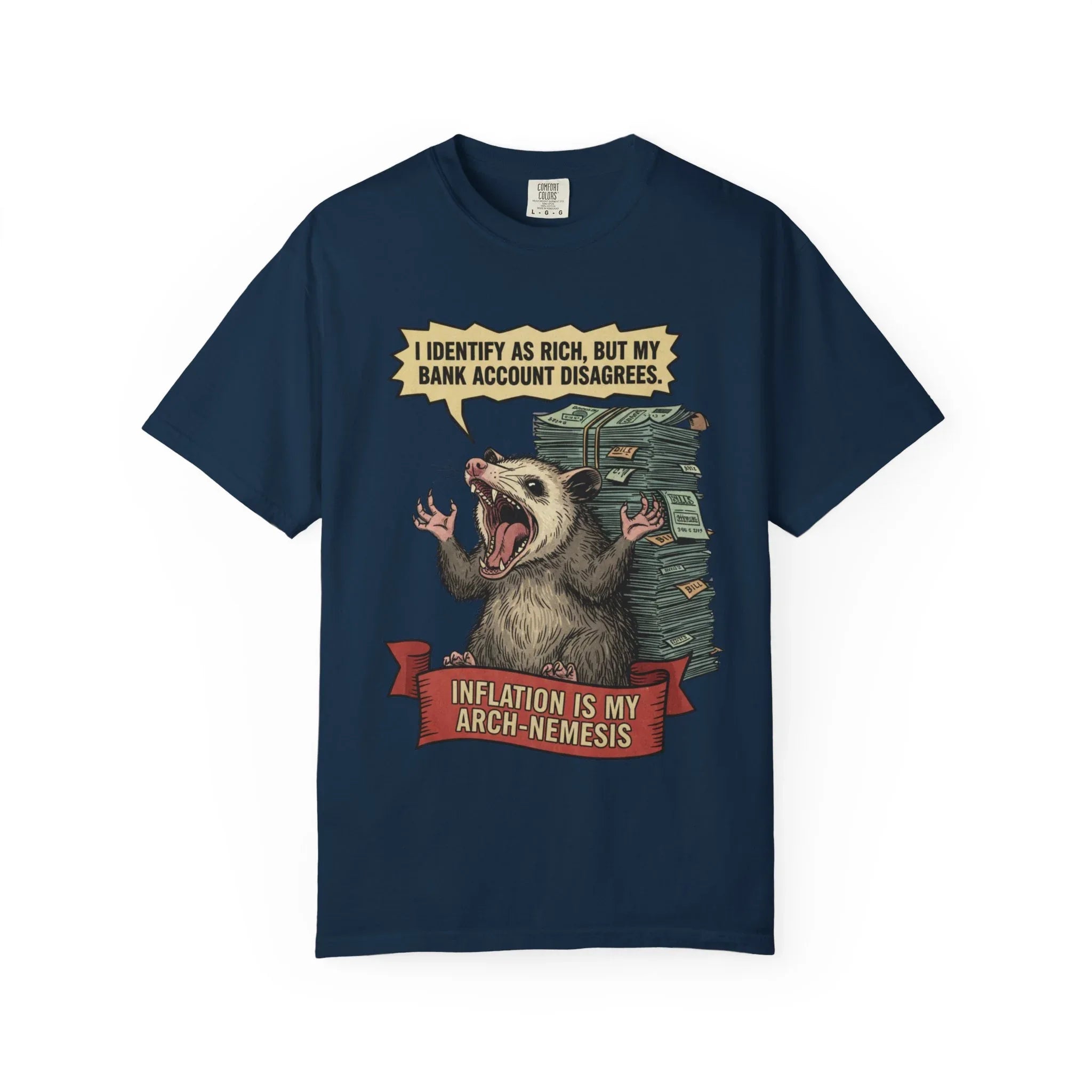 Funny Opossum Shirt - "I Identify As Rich" Inflation Meme Gift - Screaming Possum Hoodie - Relatable Money Humor T-Shirt - Vintage Style Animal Top True Navy