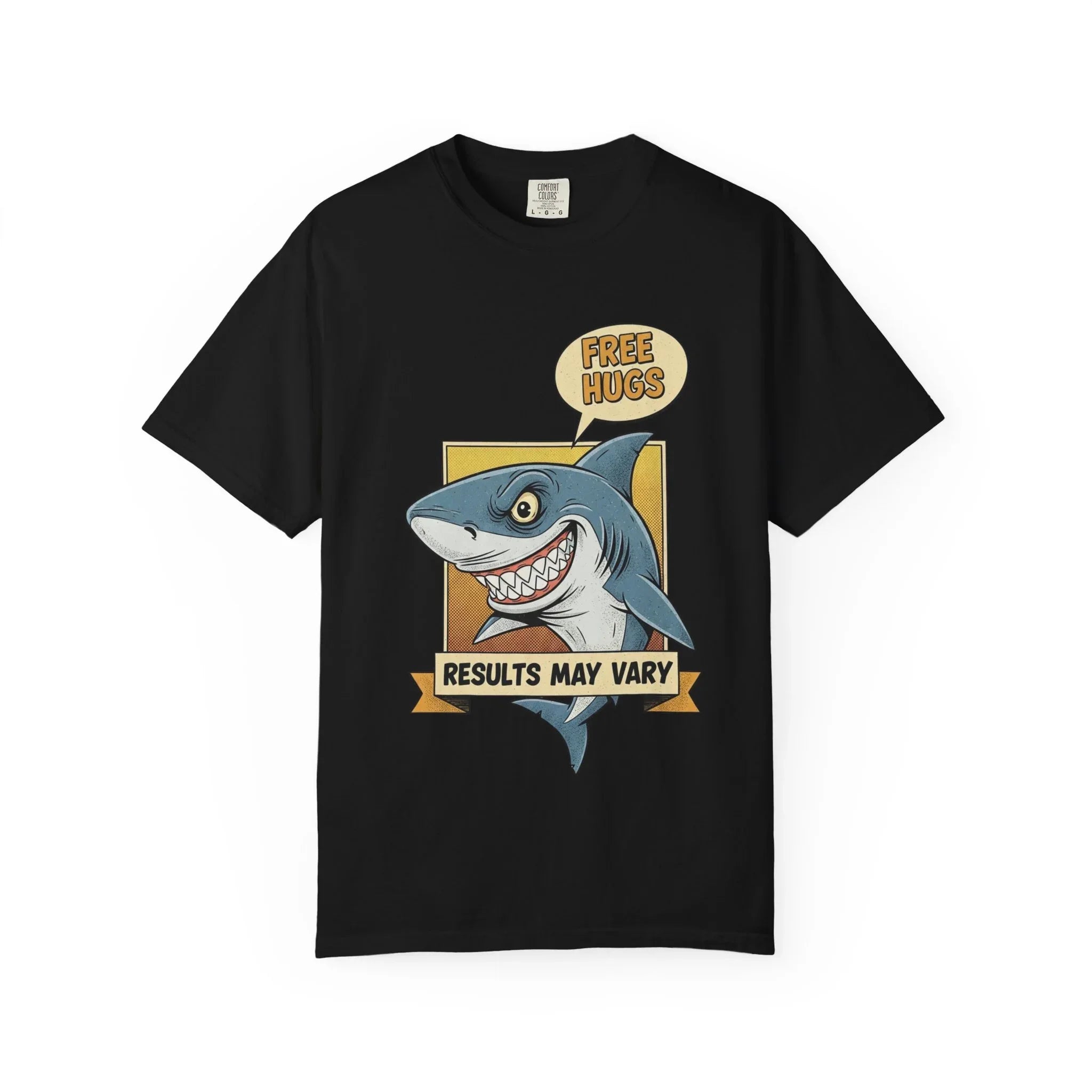 Funny Shark Shirt - "Free Hugs" Sarcastic Vintage Graphic Tee - Results May Vary Dark Humor Gift - Retro Great White Shark Top - Men's & Women's Dad Joke Clothing