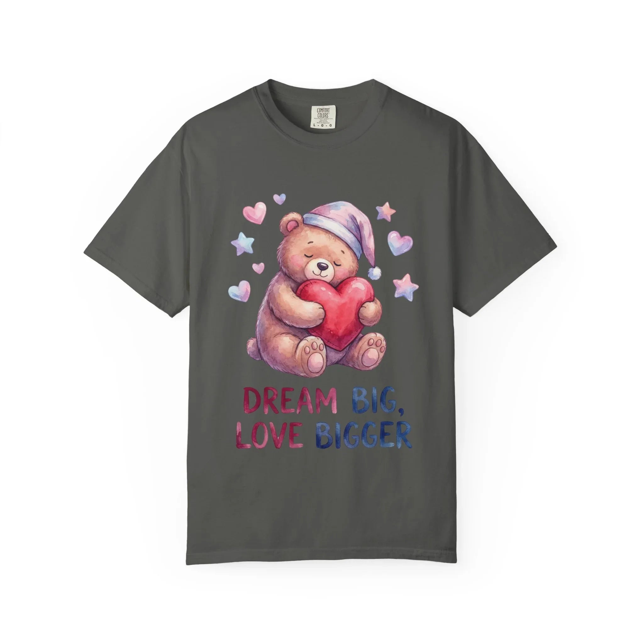 Teddy Bear Holding Heart Dream Big Love Bigger T Shirt Watercolor Cozy Vintage Aesthetic Gift Lovers Soft Cotton Motivational Tee Pepper