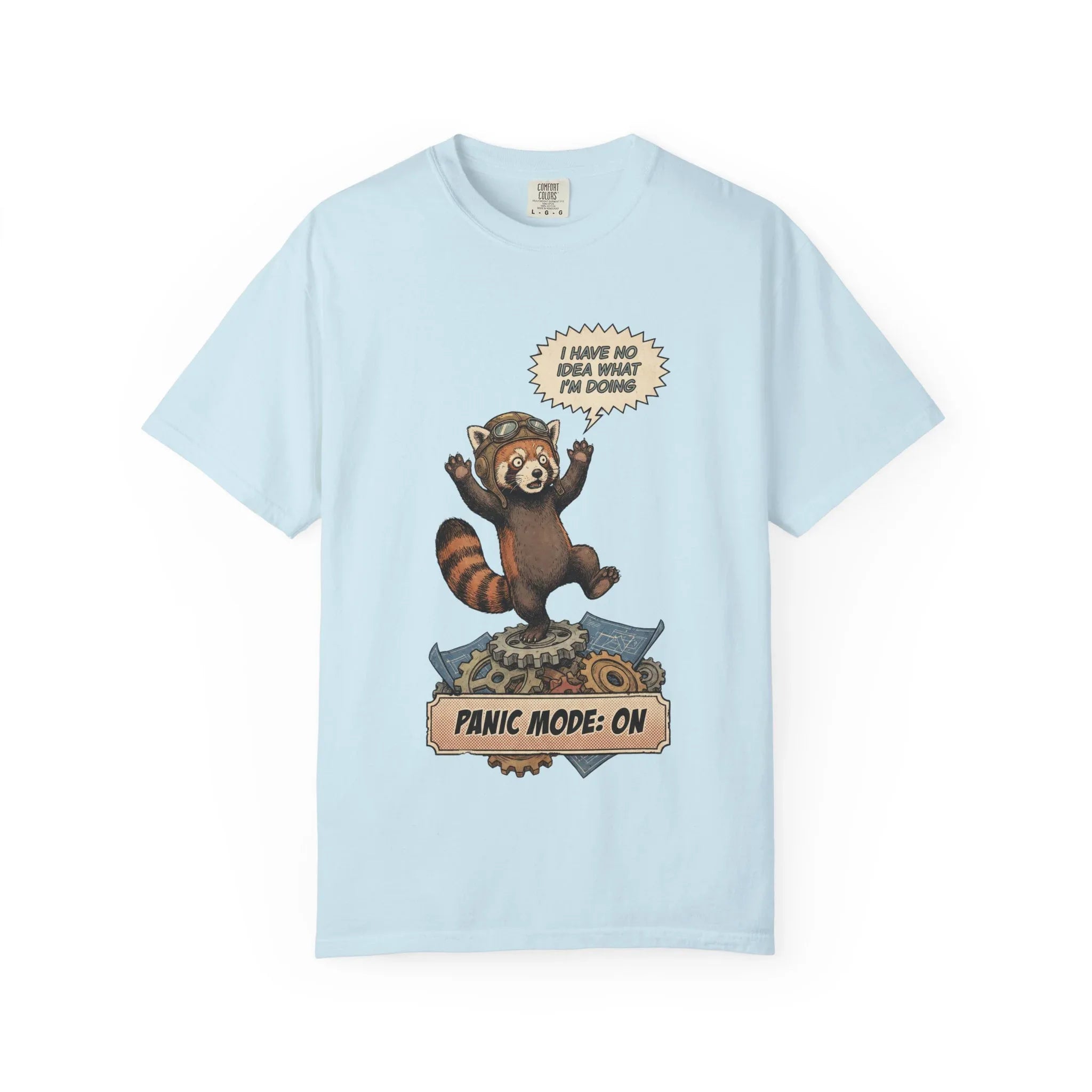 Vintage Red Panda T-Shirt - Funny Engineer Gift - Panicked Pilot Shirt - Imposter Syndrome Meme Tee - Retro Mechanic Animal Graphic - "Panic Mode On" Top Chambray