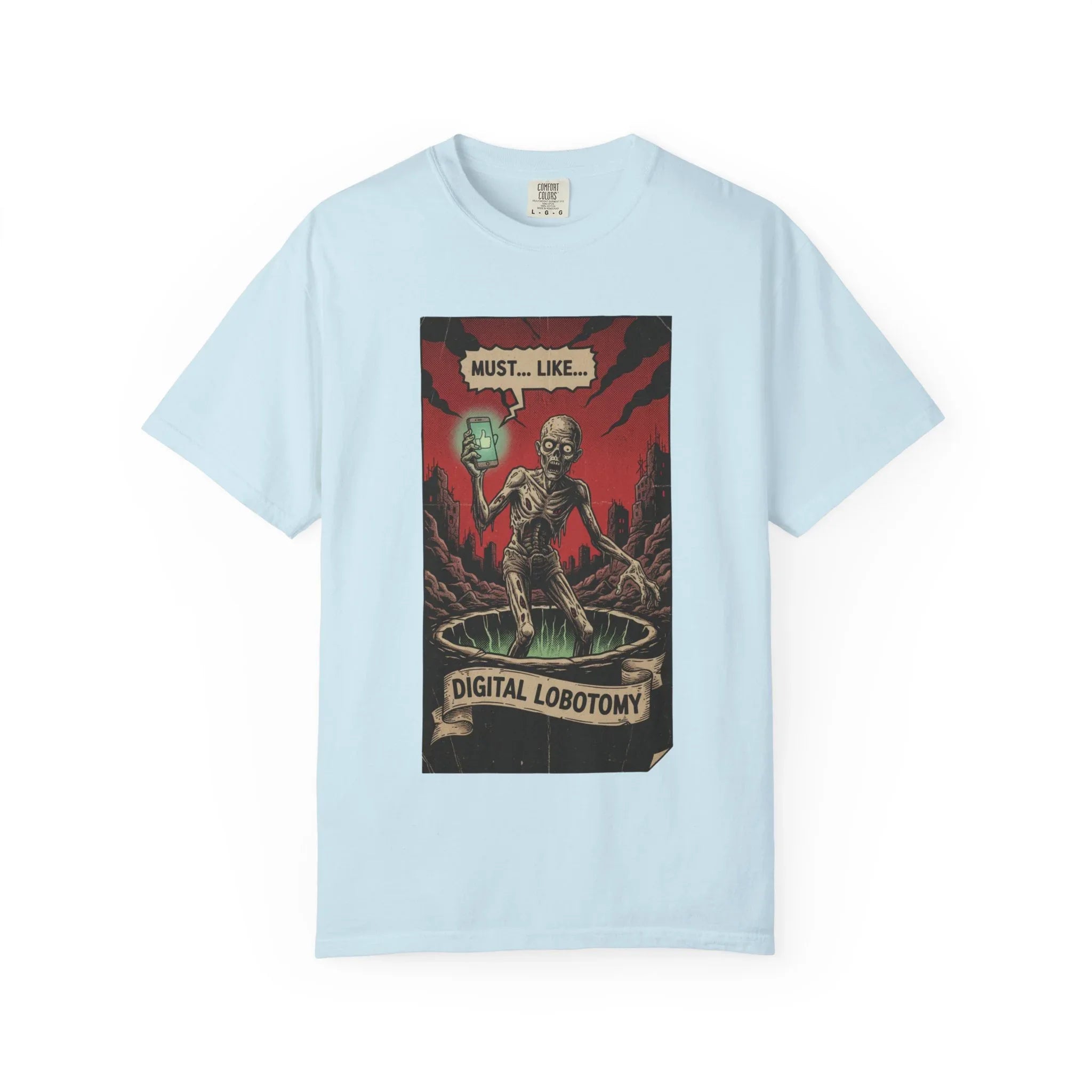 Digital Lobotomy Shirt - Vintage Horror Zombie T-Shirt - Social Media Satire Tee - Retro Comic Style Graphic Shirt - Smartphone Addict Dark Humor Gift - Tech Skeptic Streetwear Chambray