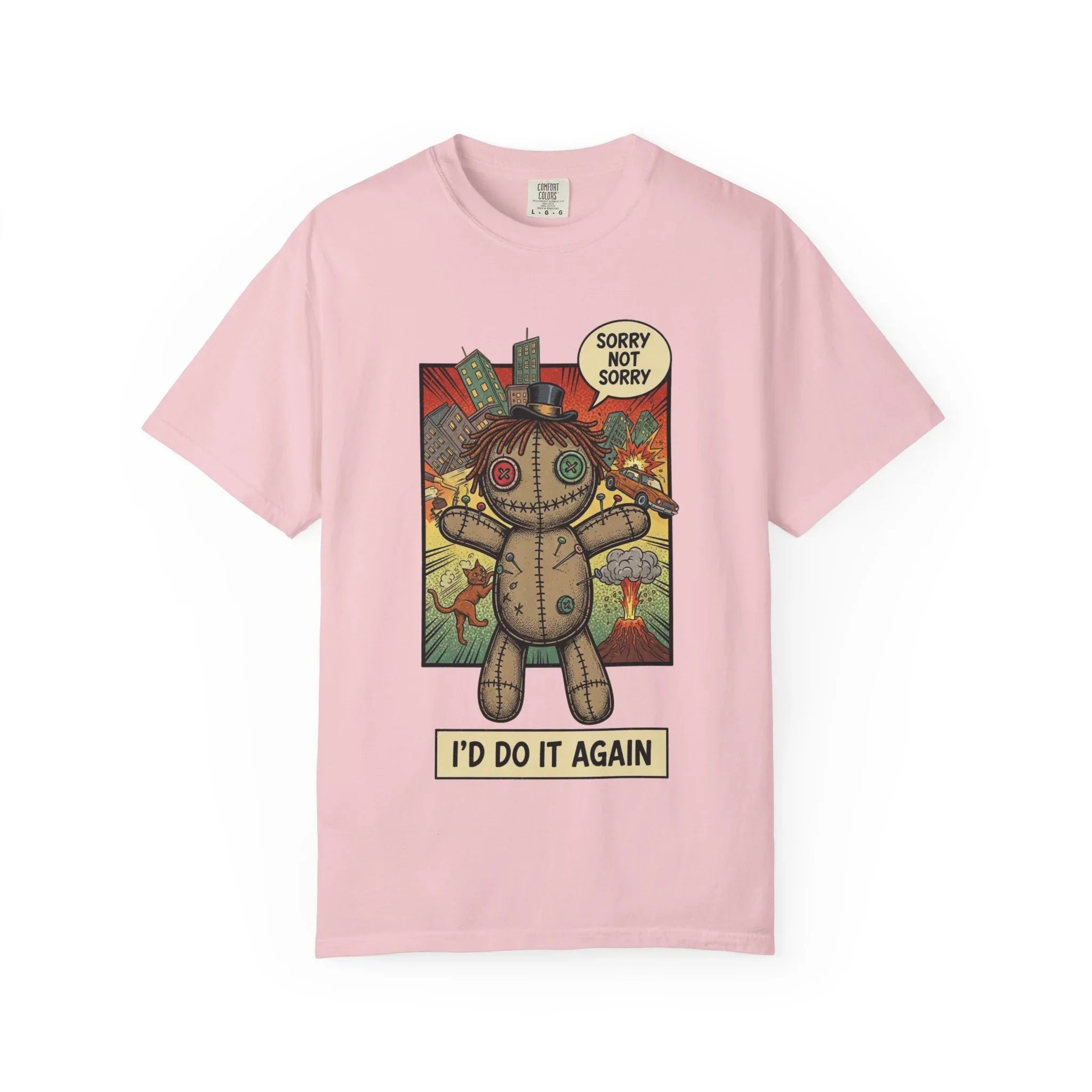 Funny Voodoo Doll Sarcastic Shirt - Retro Comic Dark Humor Graphic Tee - "I'd Do It Again" Sorry Not Sorry Unapologetic Mood T-Shirt - Vintage Garment-Dyed Streetwear Blossom