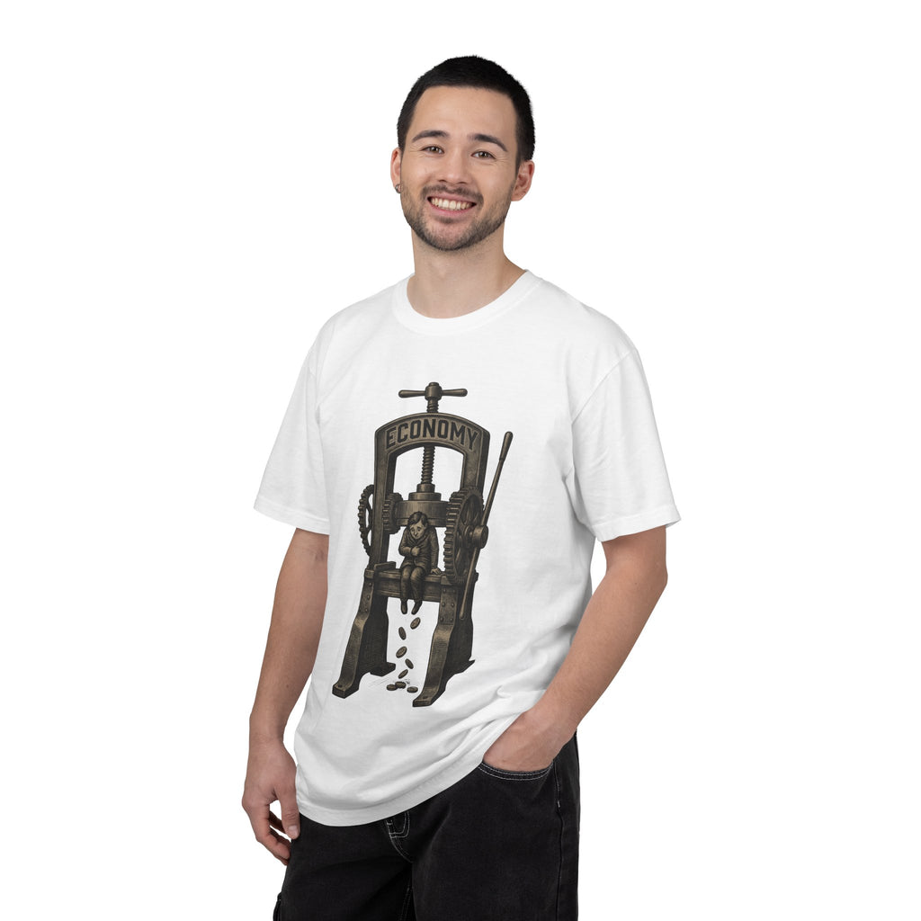 Vintage "ECONOMY" Press T-Shirt | Retro Industrial Satire Graphic Tee | Hand-Drawn Woodcut Style Socio-Economic Statement Shirt