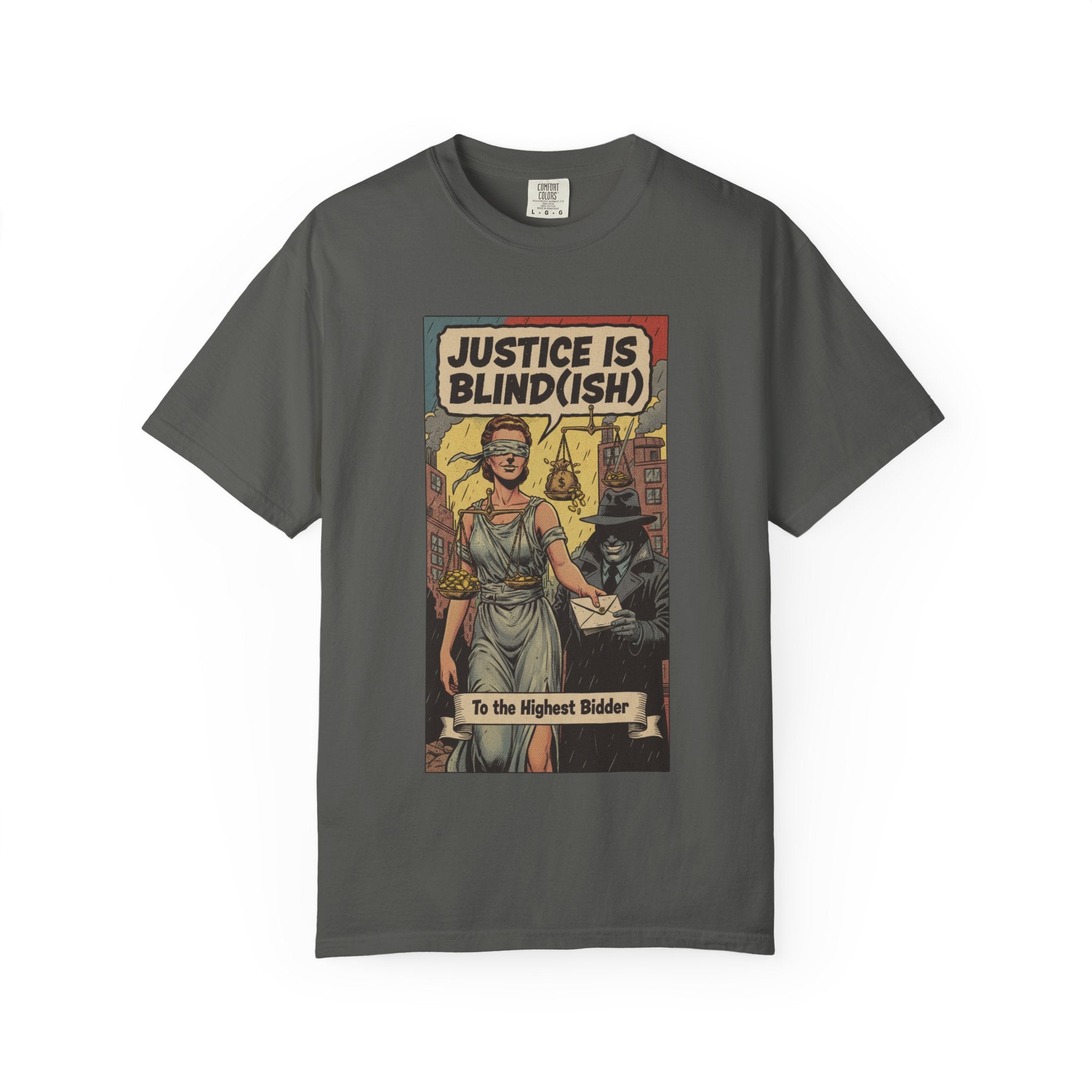 Justice Is Blind(ish) Shirt - Vintage Satire T-Shirt - Retro Comic Graphic Tee - Sarcastic Lady Justice Gift - Garment-Dyed Streetwear Pepper