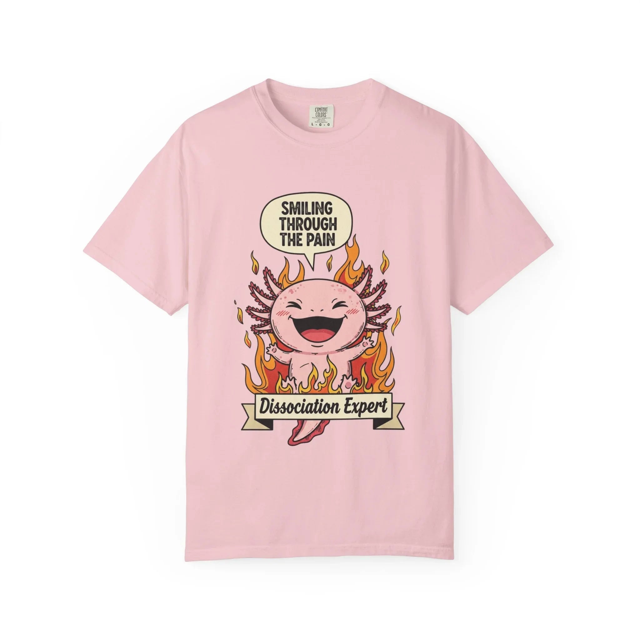 Funny Axolotl Shirt - "Dissociation Expert" Graphic Tee - Smiling Through The Pain Shirt - Mental Health Dark Humor Gift - Vintage Comfort Colors Style Oversized Top Blossom
