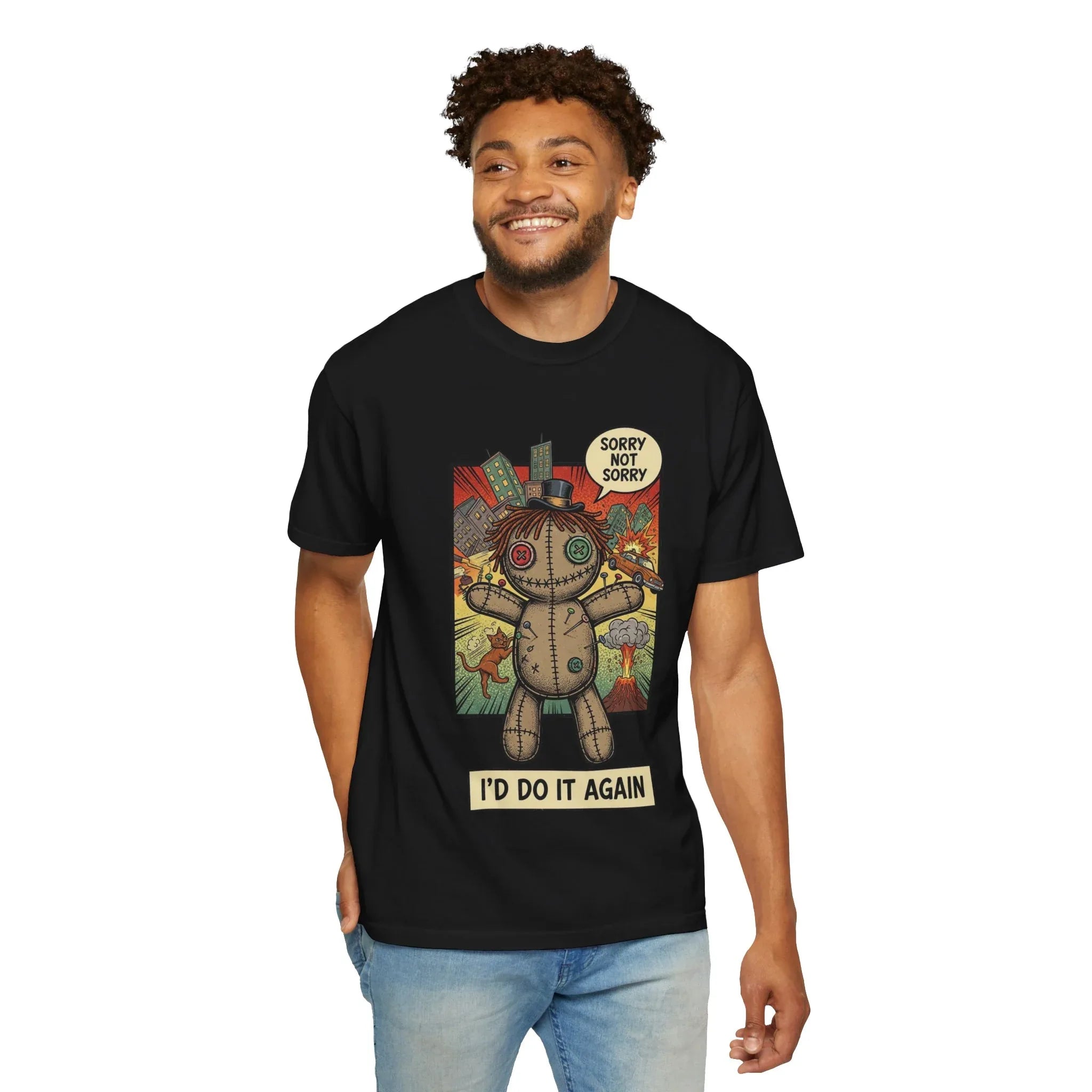 Funny Voodoo Doll Sarcastic Shirt - Retro Comic Dark Humor Graphic Tee - "I'd Do It Again" Sorry Not Sorry Unapologetic Mood T-Shirt - Vintage Garment-Dyed Streetwear Black