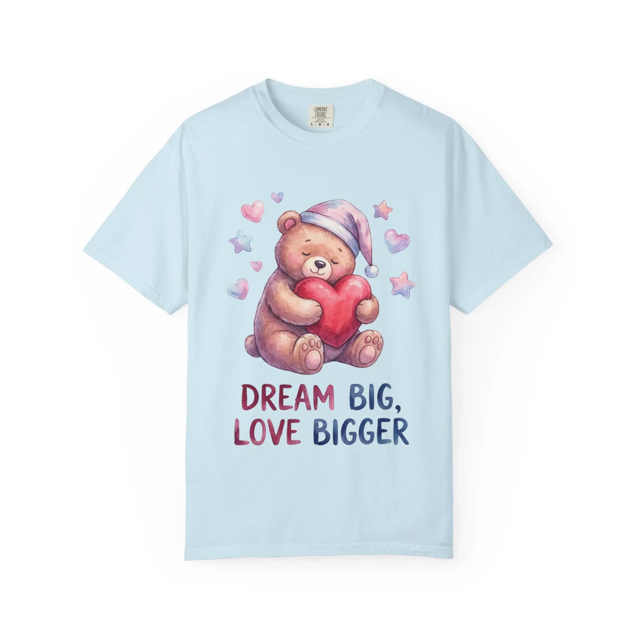 Teddy Bear Holding Heart Dream Big Love Bigger T Shirt Watercolor Cozy Vintage Aesthetic Gift Lovers Soft Cotton Motivational Tee Chambray