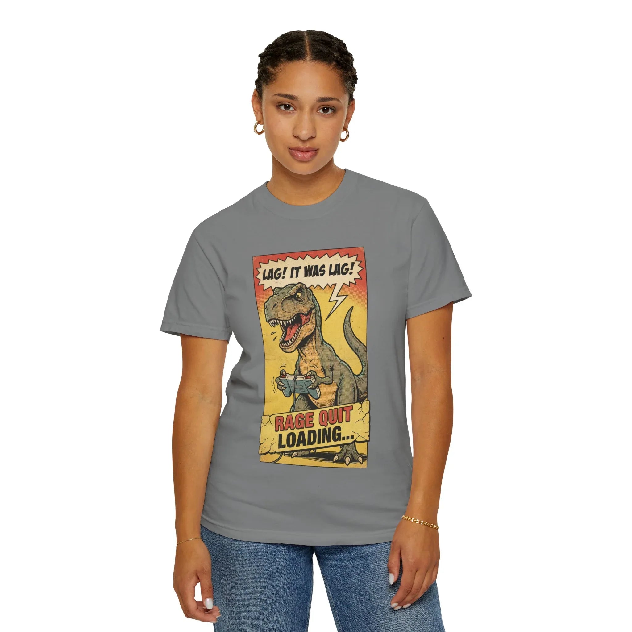 Funny Gamer T-Rex Shirt - "Lag! It Was Lag!" Retro Gaming Tee - Sarcastic Rage Quit Loading Dinosaur T-Shirt - Vintage Console Gamer Gift - Funny Video Game Graphic Apparel Grey