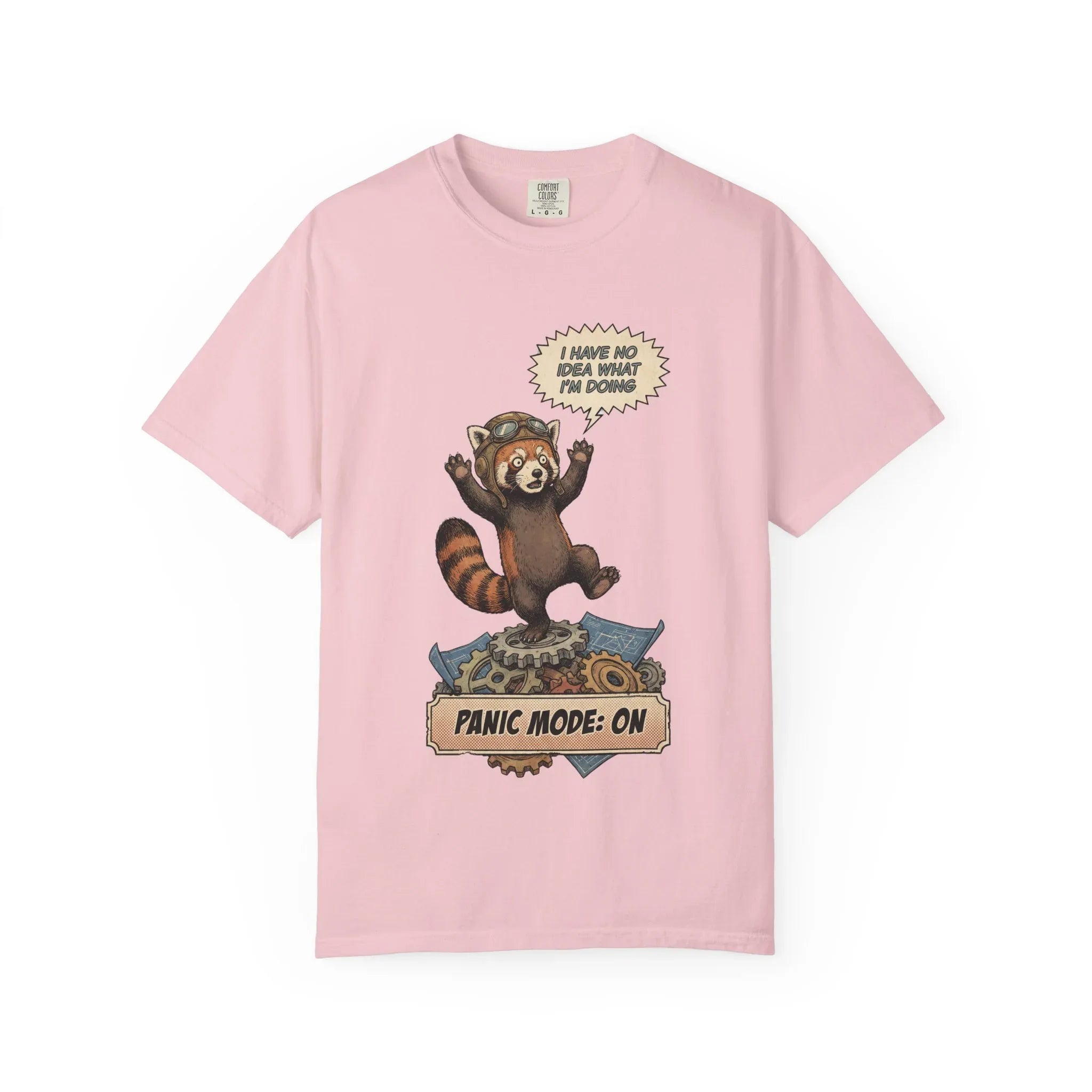 Vintage Red Panda T-Shirt - Funny Engineer Gift - Panicked Pilot Shirt - Imposter Syndrome Meme Tee - Retro Mechanic Animal Graphic - "Panic Mode On" Top Blossom