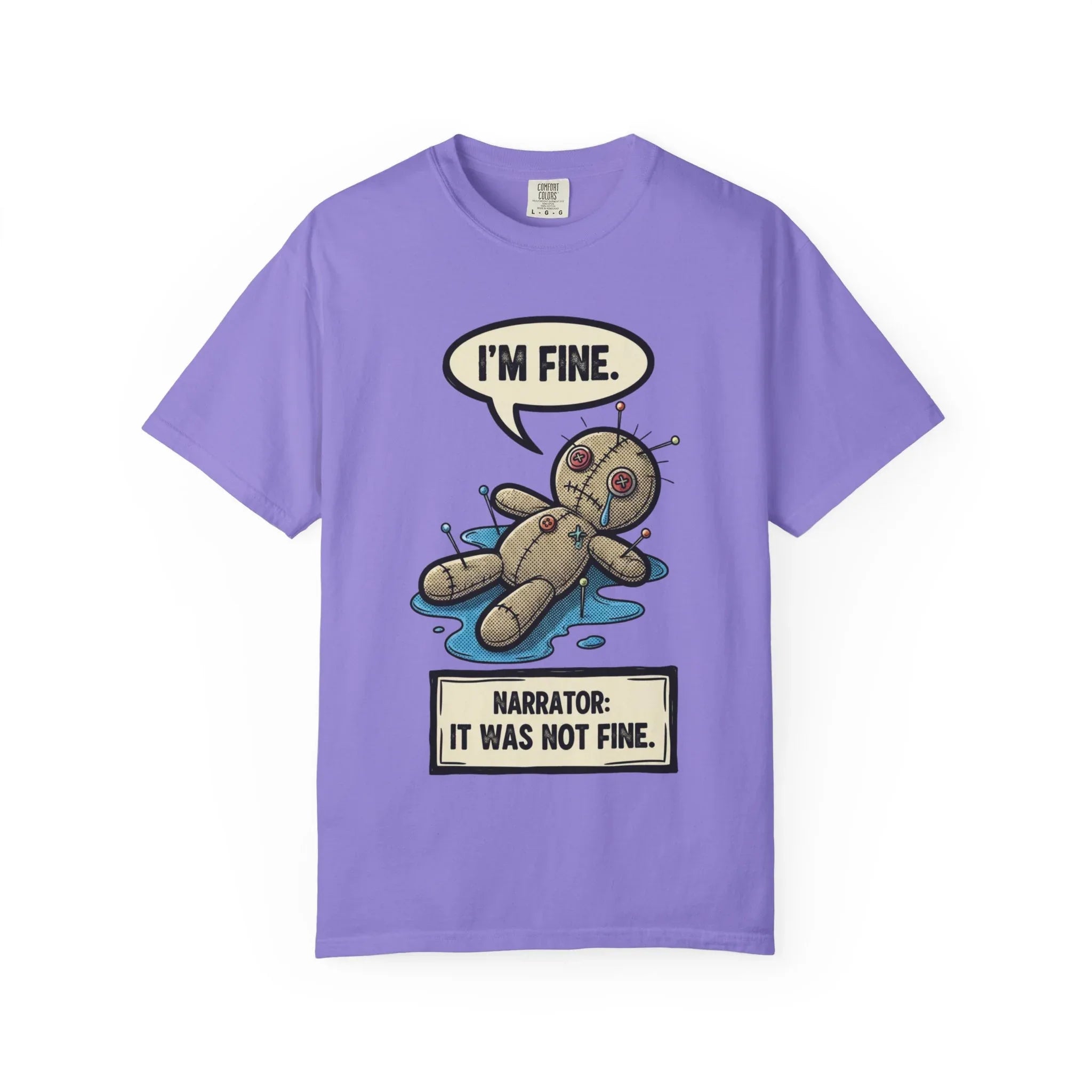 Funny Voodoo Doll "I'm Fine" Shirt - Sarcastic Mental Health Graphic Tee - Retro Comic Dark Humor T-Shirt - Vintage Garment-Dyed Relatable Mood Shirt - Edgy Aesthetic Streetwear Violet