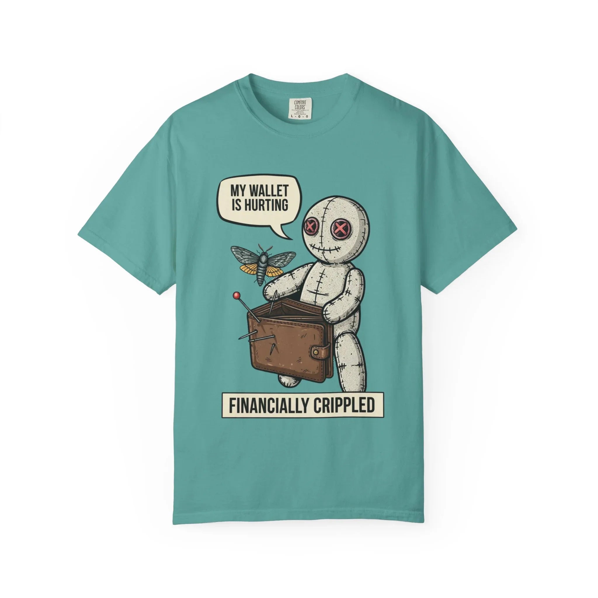 Funny Voodoo Doll Broke Life Shirt - Sarcastic "Financially Crippled" Graphic Tee - Retro Dark Humor Wallet T-Shirt - Vintage Aesthetic Streetwear Gift - Relatable Financial Struggle Mood Shirt Seafoam