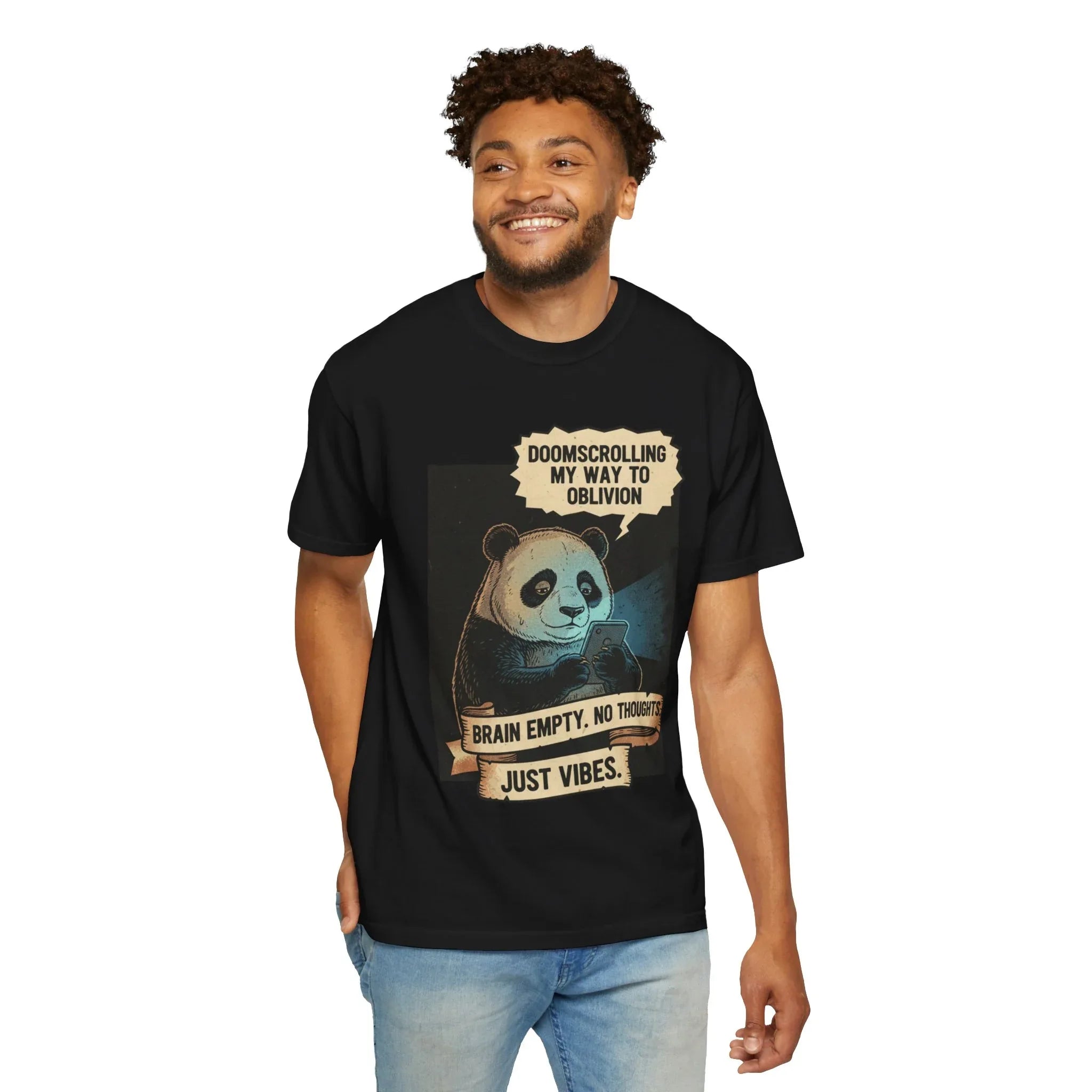 Funny Panda Doomscrolling Shirt - Brain Empty No Thoughts Just Vibes Tee - Retro Vintage Aesthetic T-Shirt - Relatable Digital Burnout Meme Gift - Smartphone Addict Introvert Top