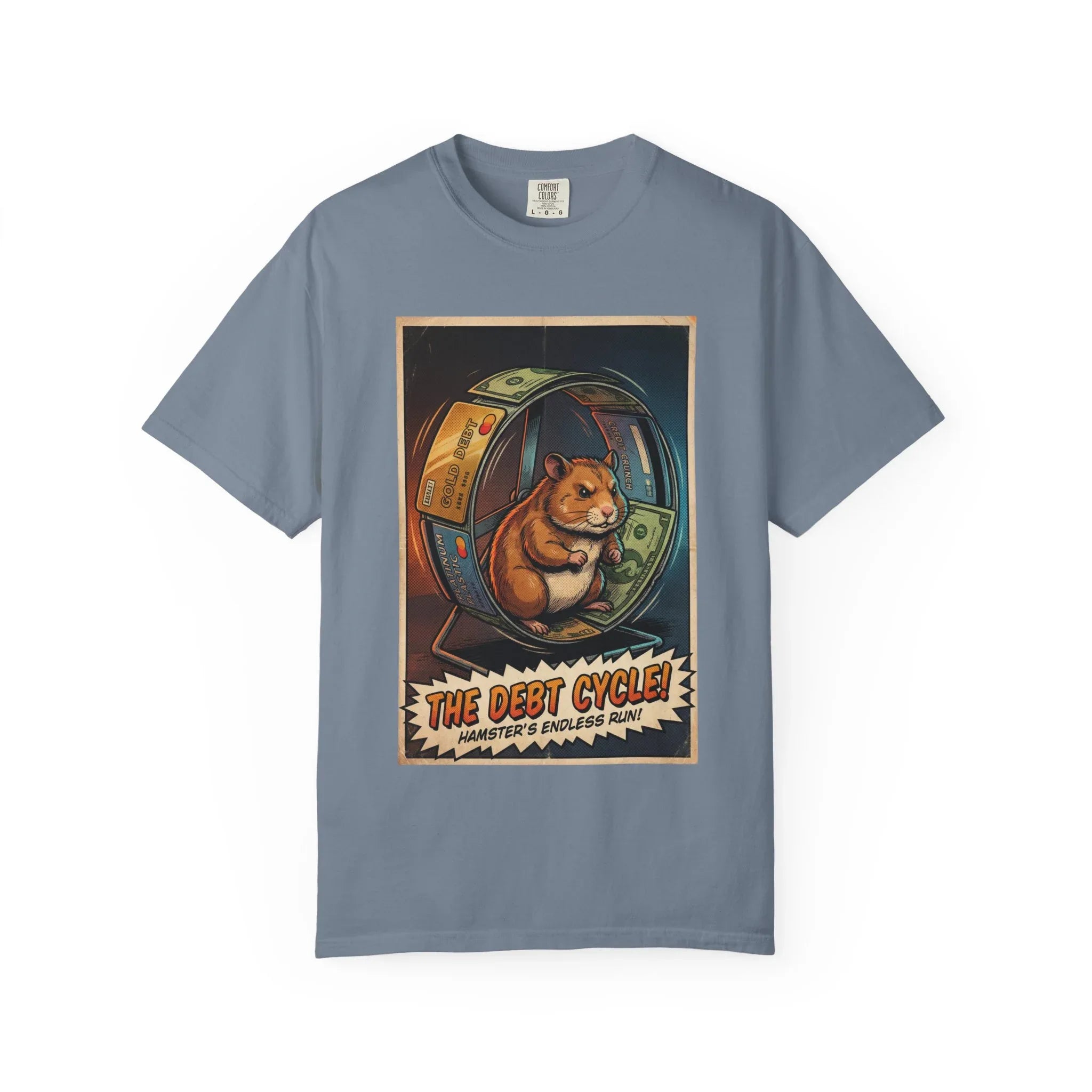 Funny Debt Cycle Hamster Shirt - Retro Comic Satire T-Shirt - Financial Humor Graphic Tee - Vintage Credit Crunch Money Art - Sarcastic Credit Card Debt Gift Blue Jean
