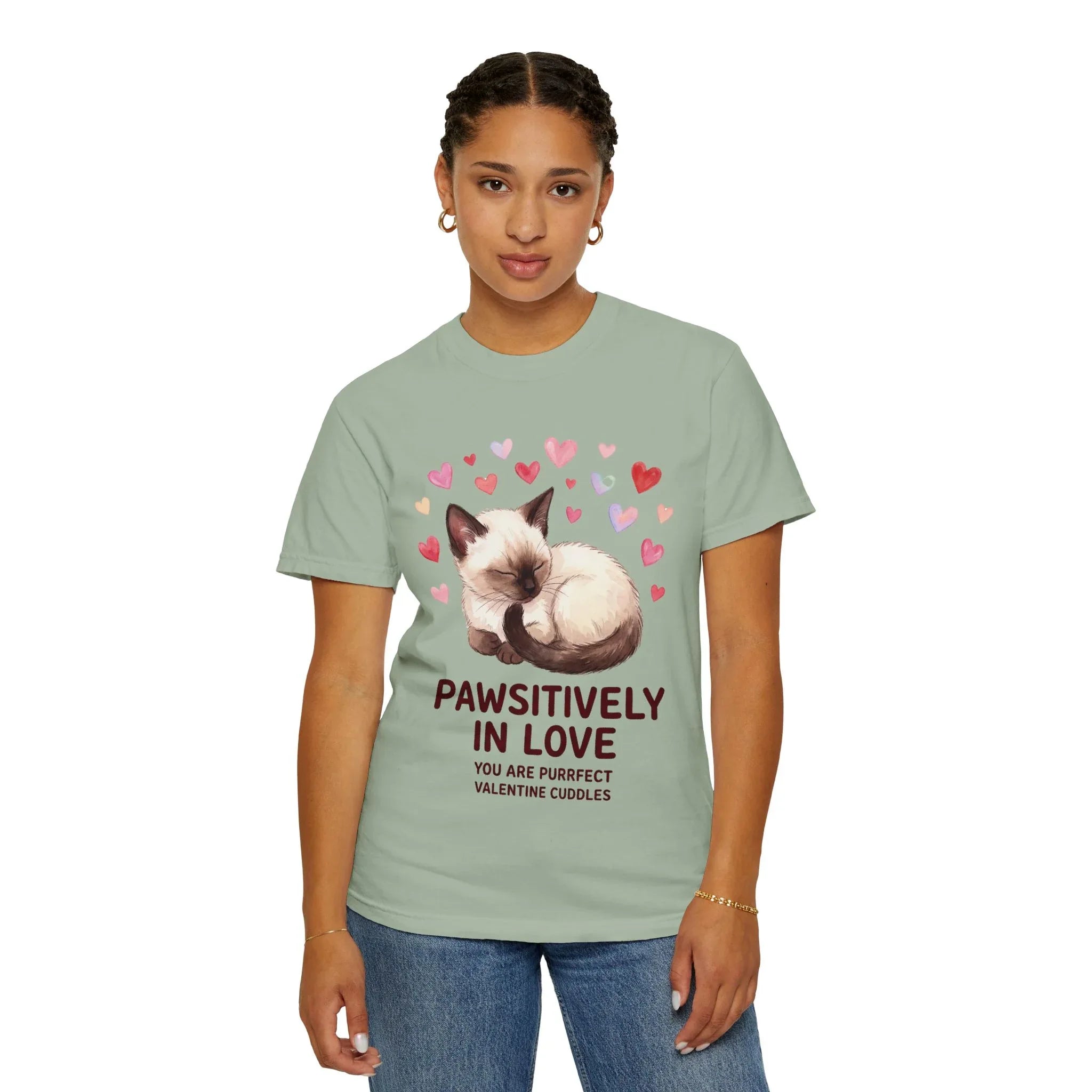 Pawsitively in Love Cat Valentines T Shirt Cute Siamese Kitten Hearts Cozy Soft Cotton Vintage Aesthetic Gift for Cat Lovers Bay