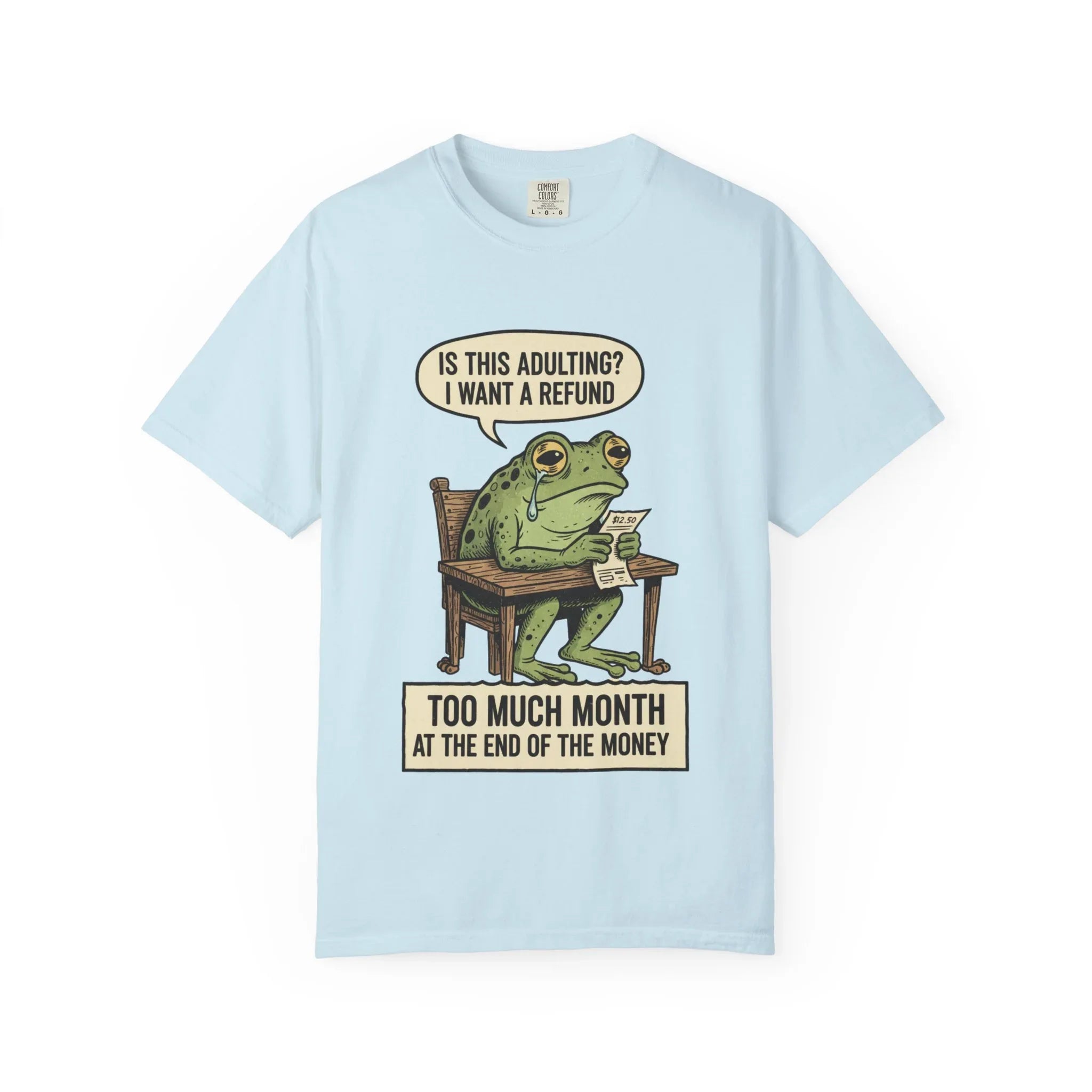 Funny Adulting Shirt - Sad Frog Hoodie - "I Want A Refund On Adulting" Tee - Broke Meme Gift - Financial Humor T-Shirt - Vintage Animal Art Millennial Top Chambray