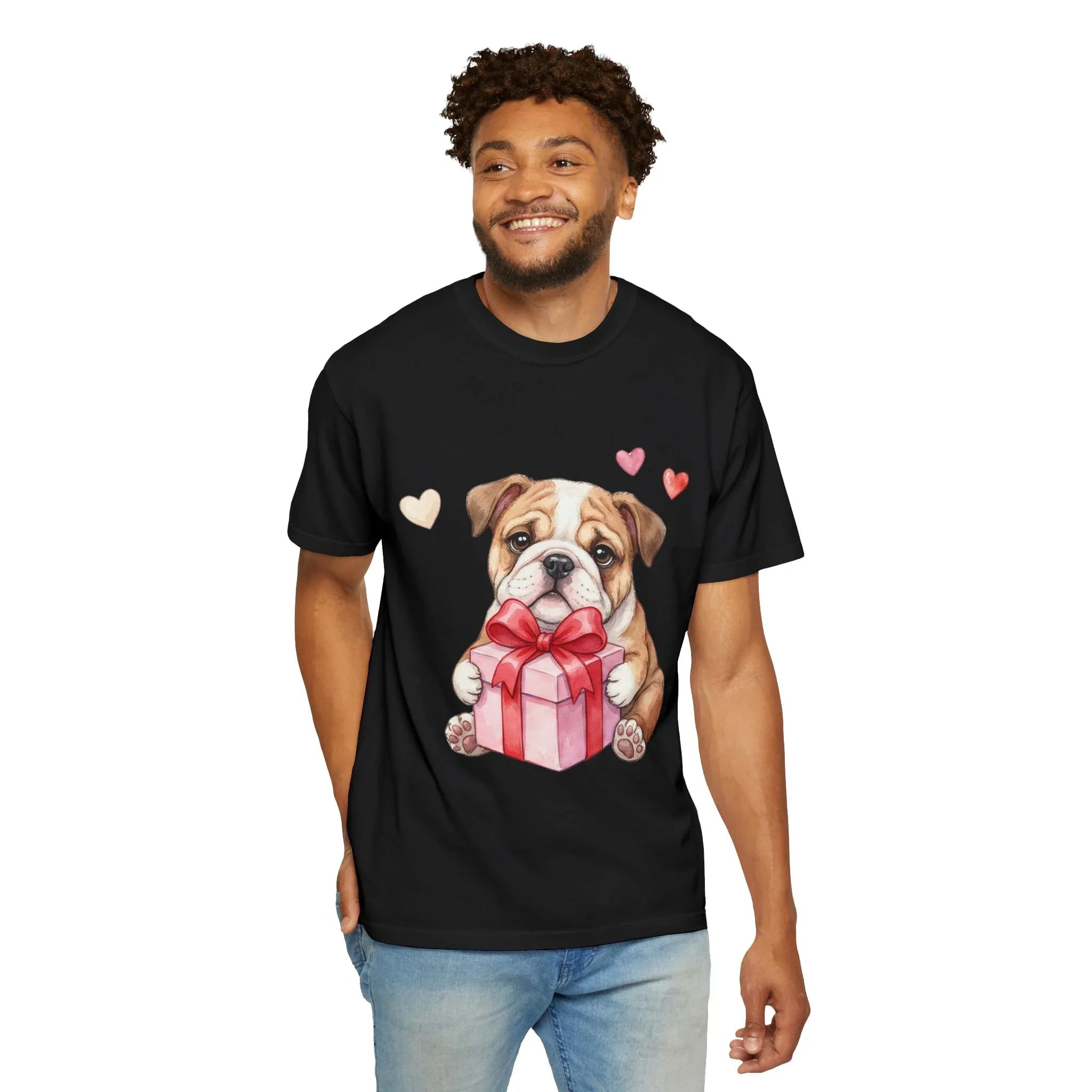 Bulldog Puppy with Gift T-Shirt | Cute Dog Valentine Hearts | Cozy Pet Lover Gift | Soft Vintage Aesthetic Dog Tee
