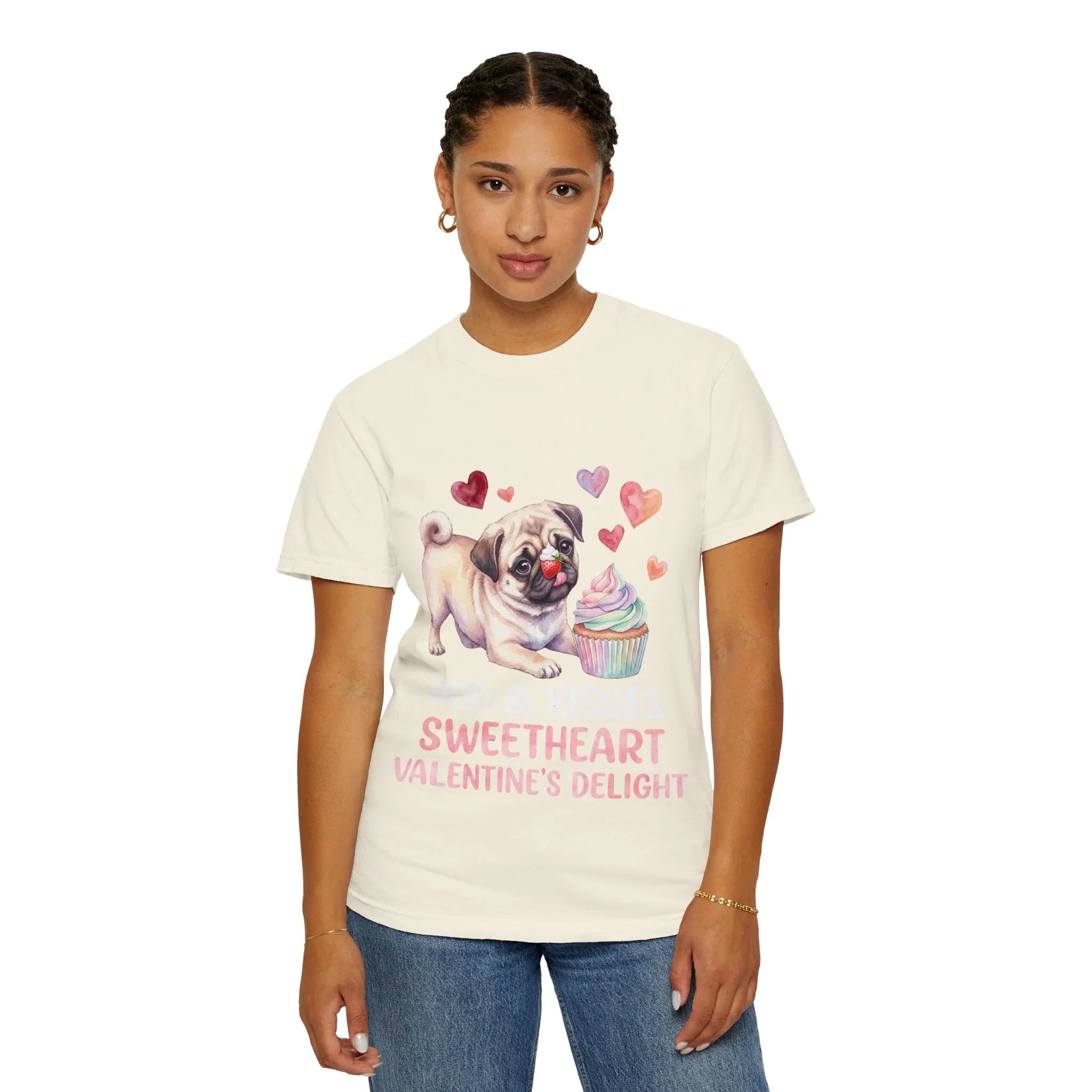 Pug Cupcake Sweetheart Valentines Delight T Shirt Cute Dog Hearts Watercolor Cozy Vintage Aesthetic Gift Pug Lovers Soft Cotton Romantic Tee