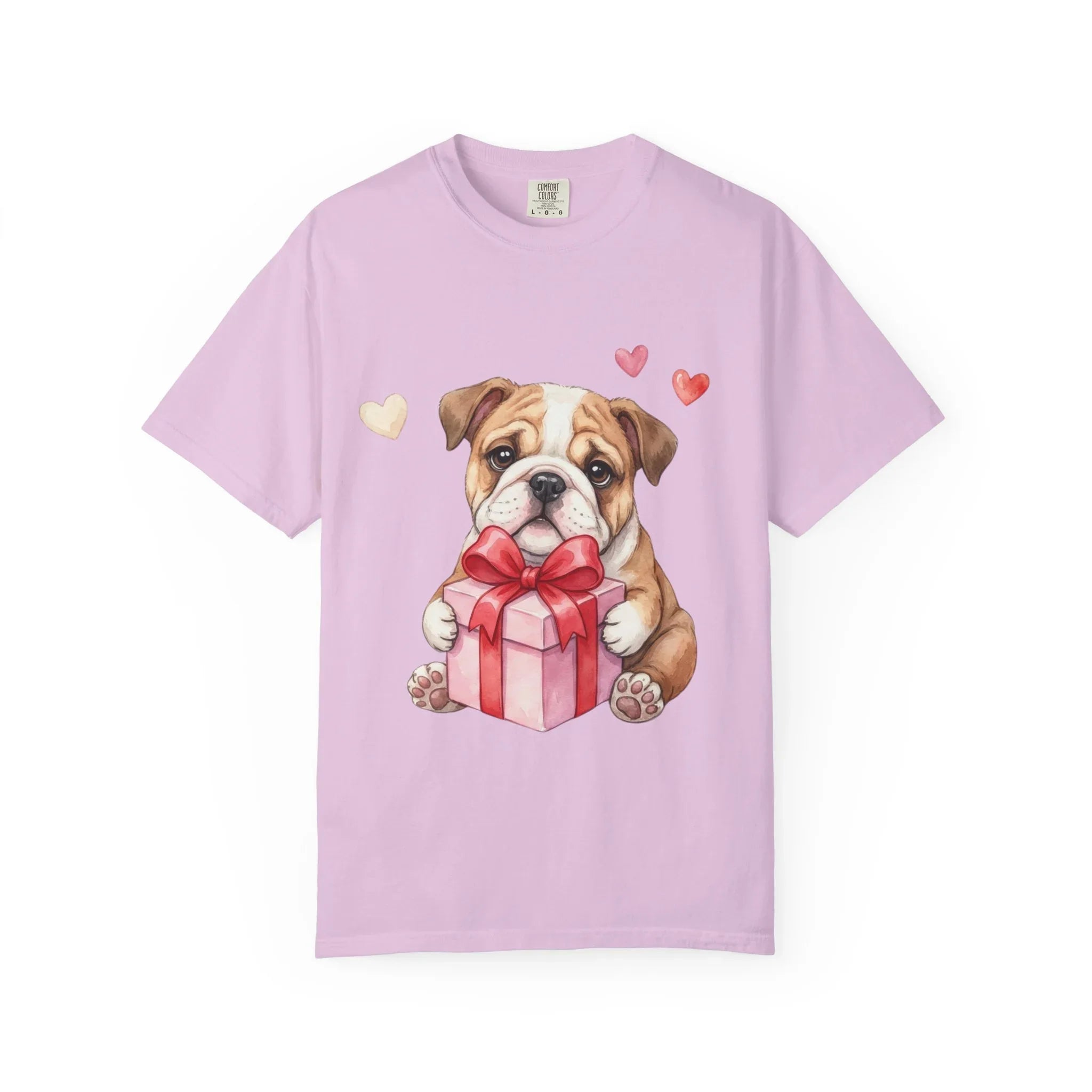 Bulldog Puppy with Gift T-Shirt | Cute Dog Valentine Hearts | Cozy Pet Lover Gift | Soft Vintage Aesthetic Dog Tee Orchid