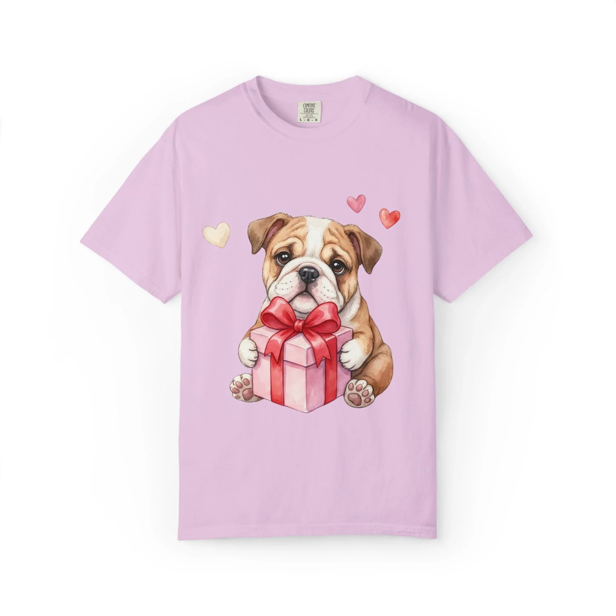 Bulldog Puppy with Gift T-Shirt | Cute Dog Valentine Hearts | Cozy Pet Lover Gift | Soft Vintage Aesthetic Dog Tee Orchid