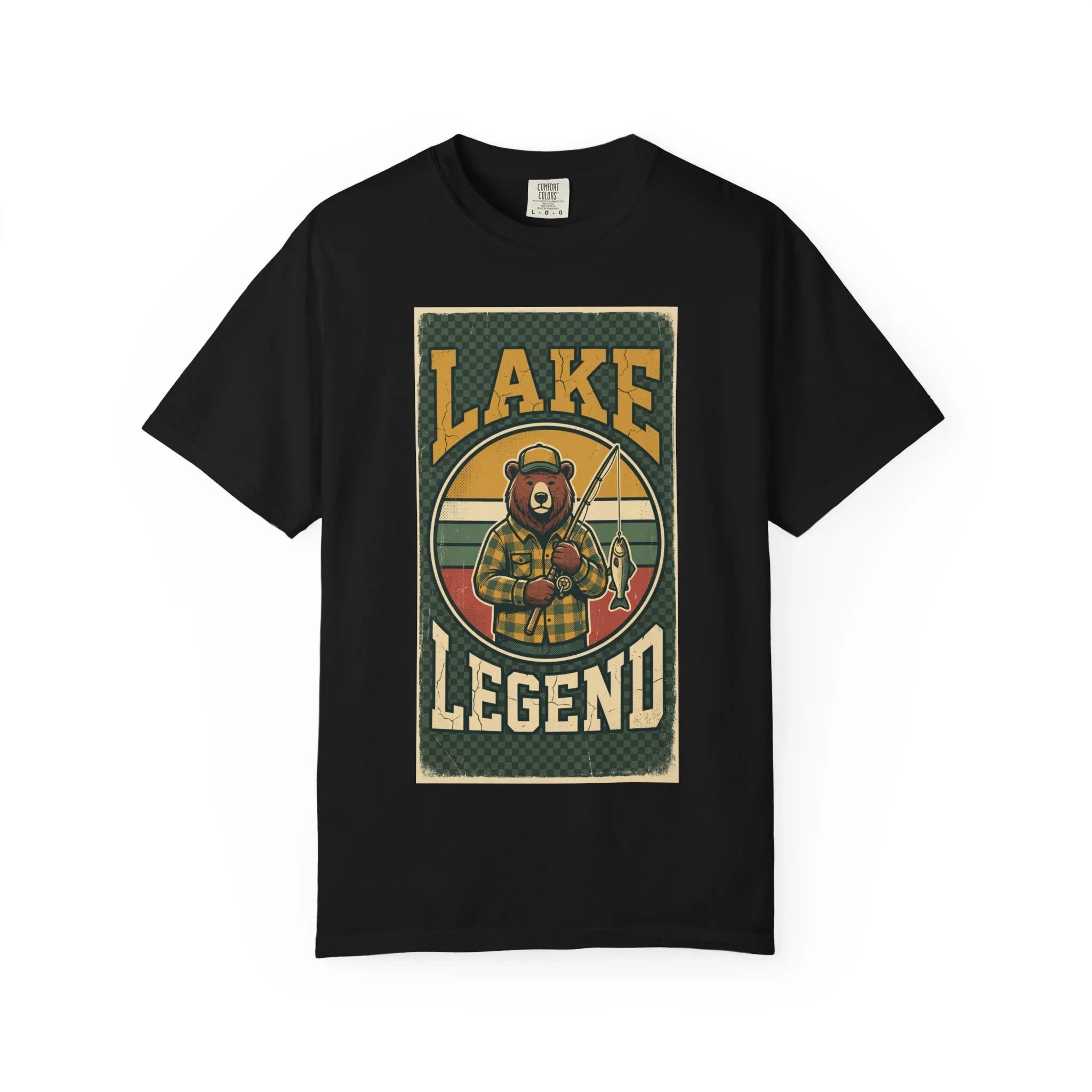 Lake Legend Bear Fishing T-Shirt | Retro Outdoors Graphic Tee | Vintage Cabin Lake Life Shirt | Garment-Dyed Heavyweight Unisex Black