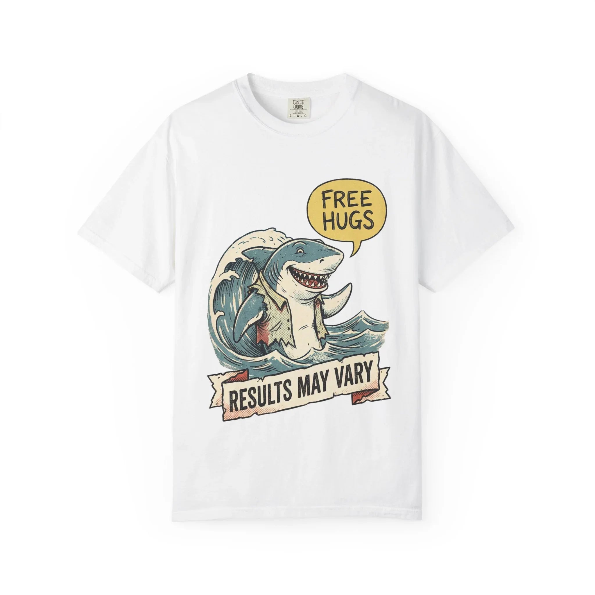 Vintage Shark Shirt - Funny "Free Hugs" T-Shirt - Dark Humor Gift - Retro Graphic Tee - Sarcastic Ocean Lover Top - Grunge Style Animal Apparel White