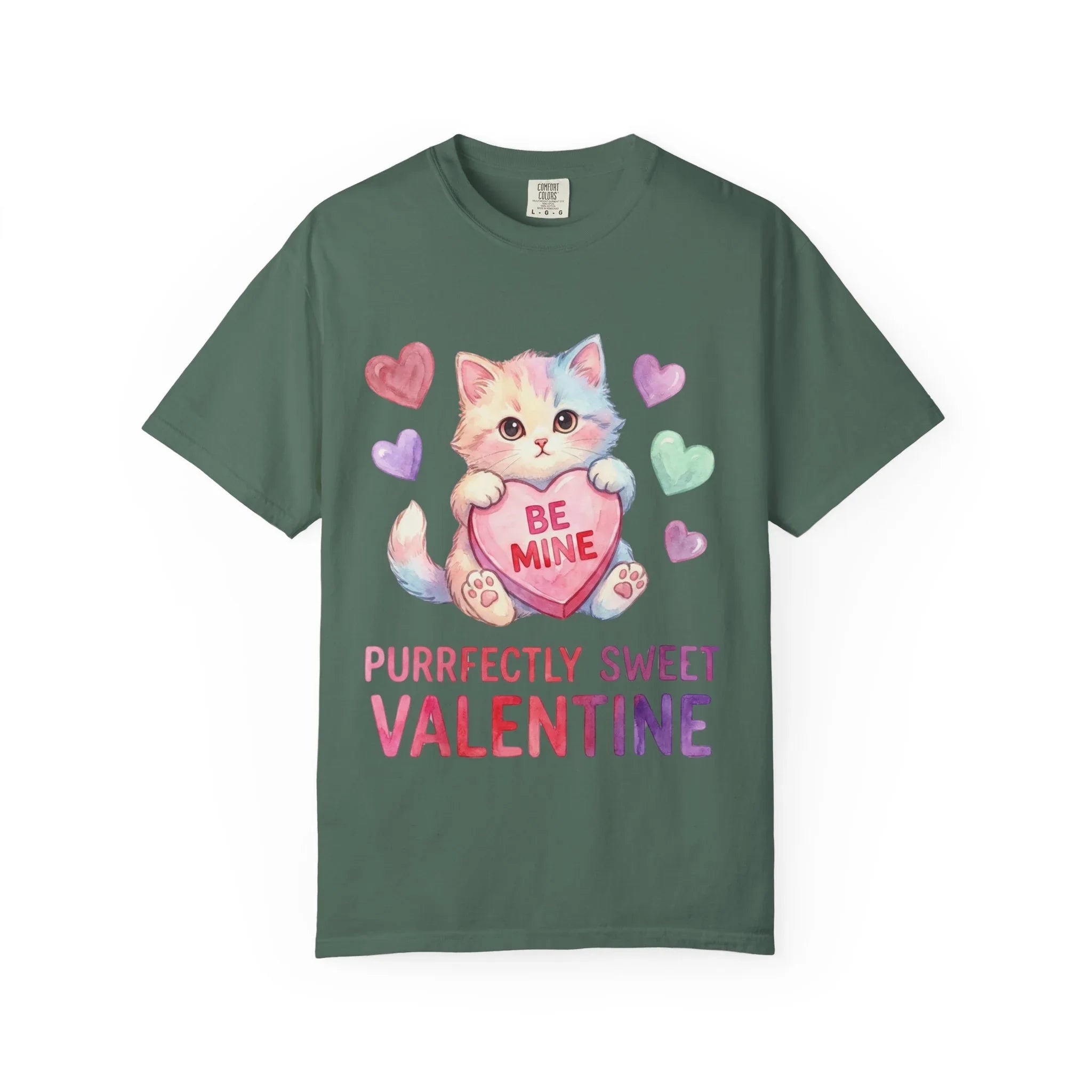 Purrfectly Sweet Valentine Cat T-Shirt | Be Mine Heart Design | Cute Pastel Kitten Tee | Cozy Romantic Gift for Cat Lovers Blue Spruce