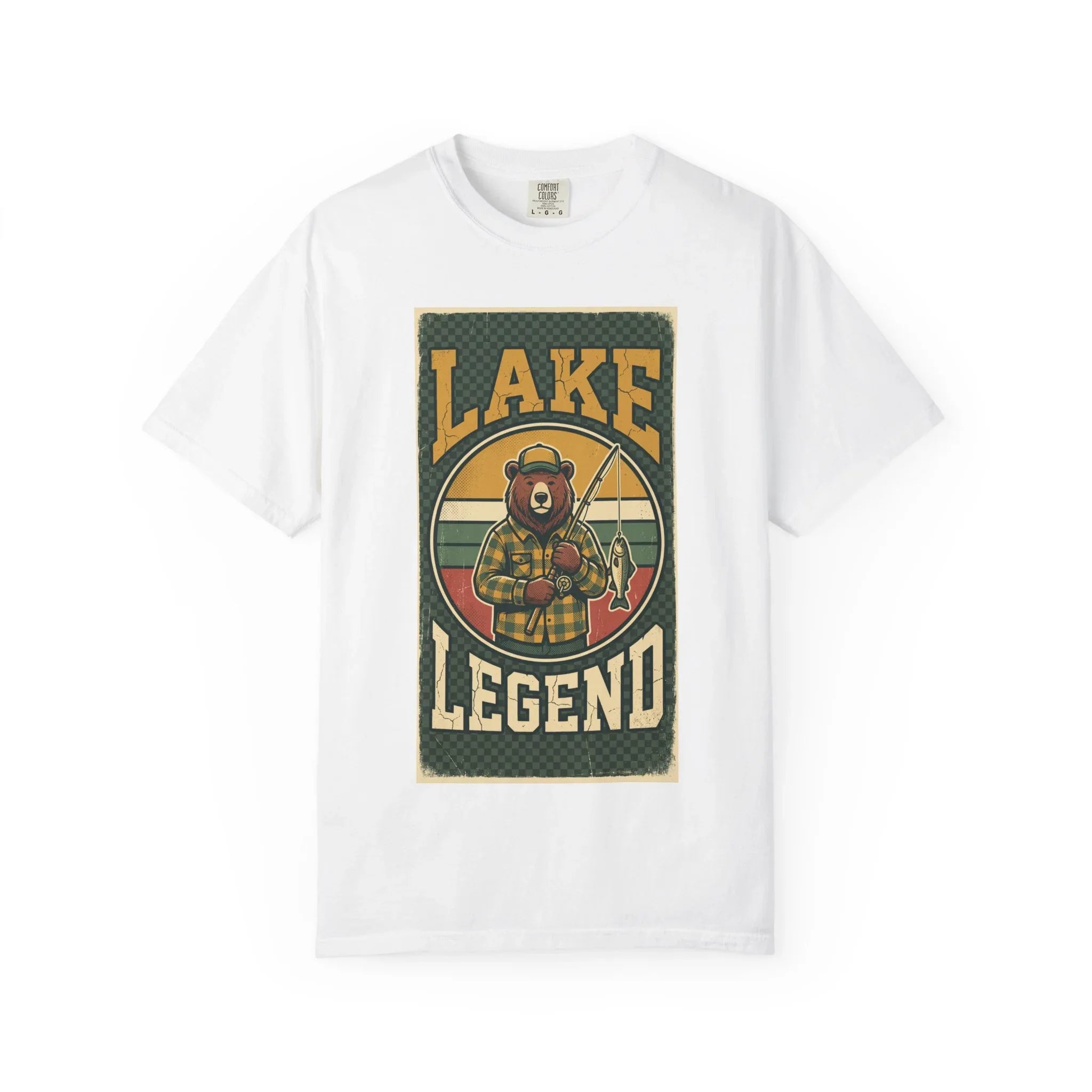 Lake Legend Bear Fishing T-Shirt | Retro Outdoors Graphic Tee | Vintage Cabin Lake Life Shirt | Garment-Dyed Heavyweight Unisex