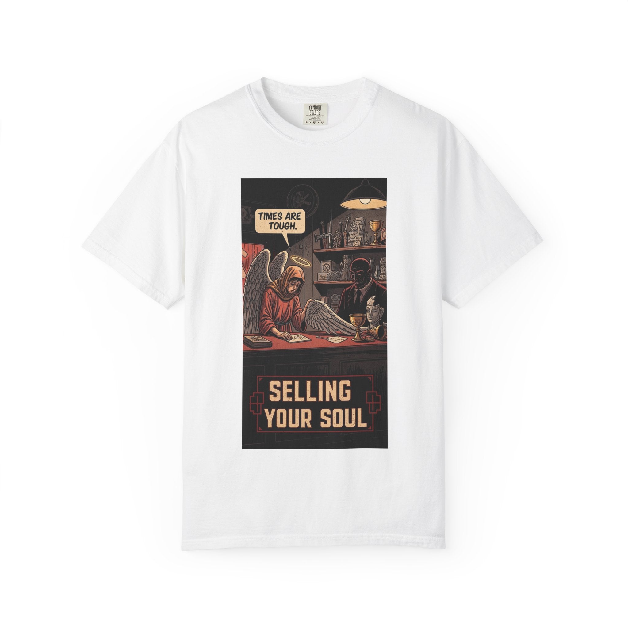 Selling Your Soul Shirt - Vintage Pawn Shop Satire Tee - Angel Social Commentary T-Shirt - Dark Humor Philosophy Gift - Retro Comic Graphic Apparel White