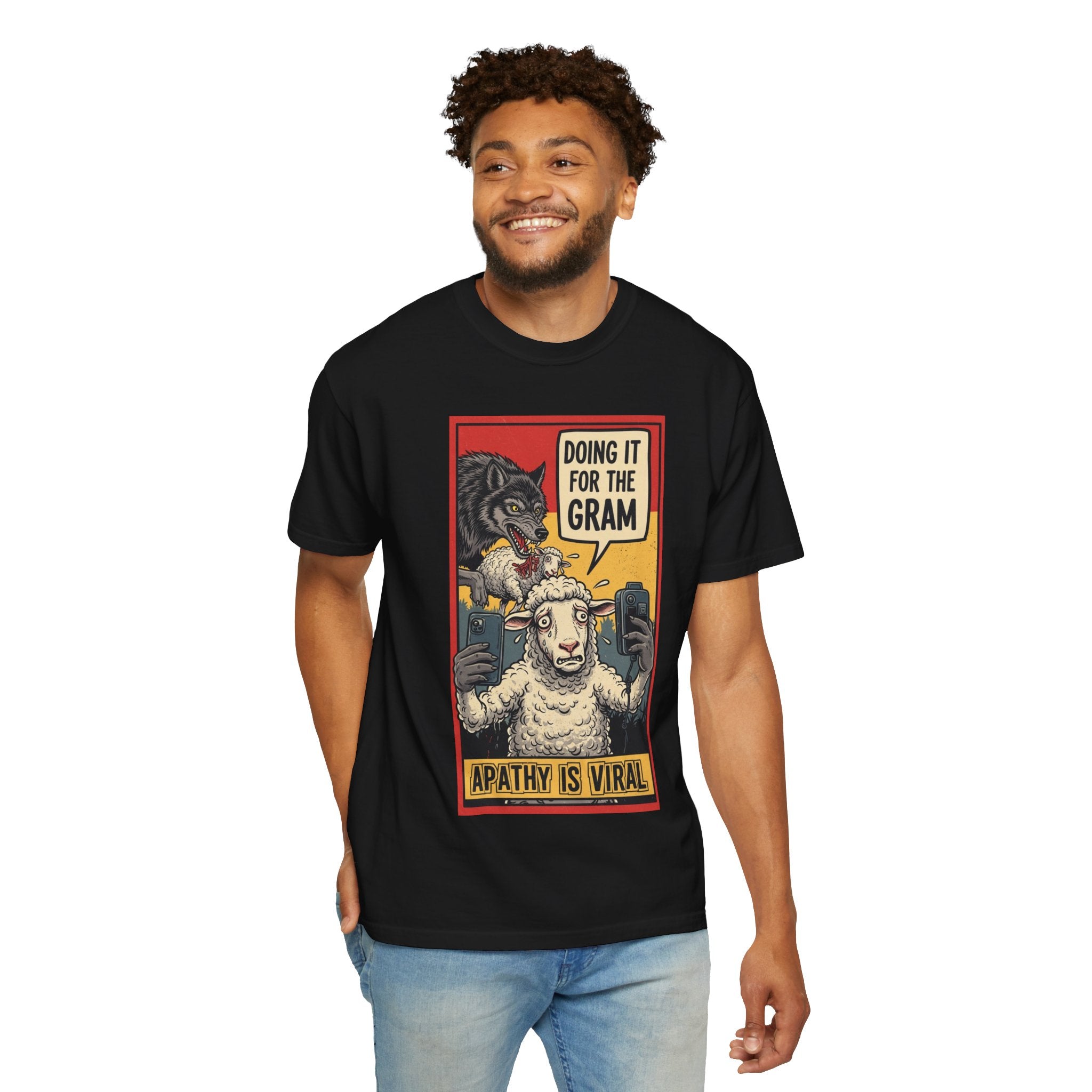 Doing It For The Gram Shirt Apathy Is Viral Satire Tee Social Media Critic Gift Wolf and Sheep Graphic Retro Aesthetic Edgy Apparel