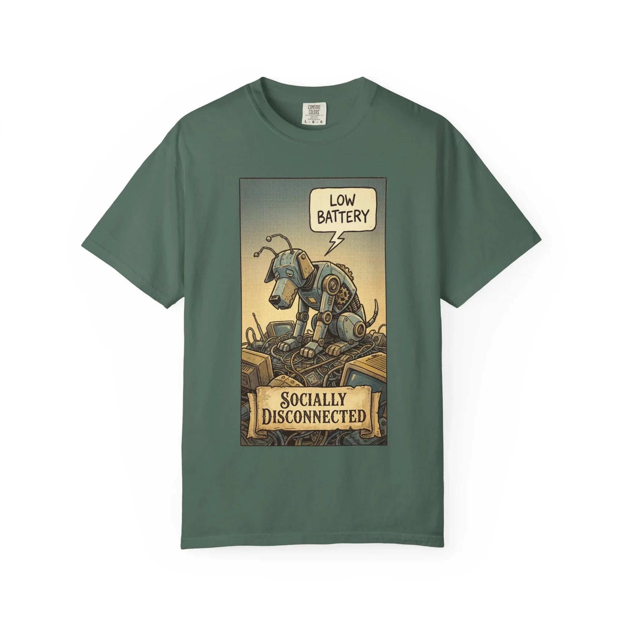 Socially Disconnected Robot Dog Shirt - Vintage Retro Comic Tee - Social Battery Introvert Gift - Satirical Humor Aesthetic T-Shirt - Relatables Low Battery Robot Graphic Tee Blue Spruce