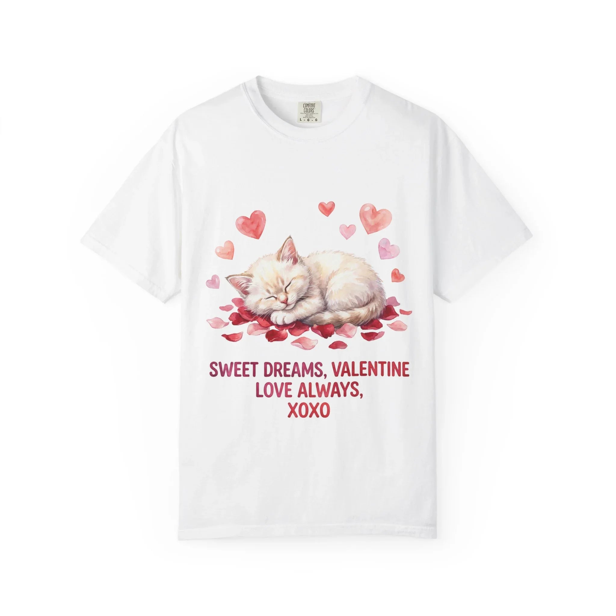 Sweet Dreams Valentine Kitten T Shirt Cute Sleeping Cat Hearts Watercolor Cozy Aesthetic Gift for Cat Lovers Soft VintageCotton Romantic Tee