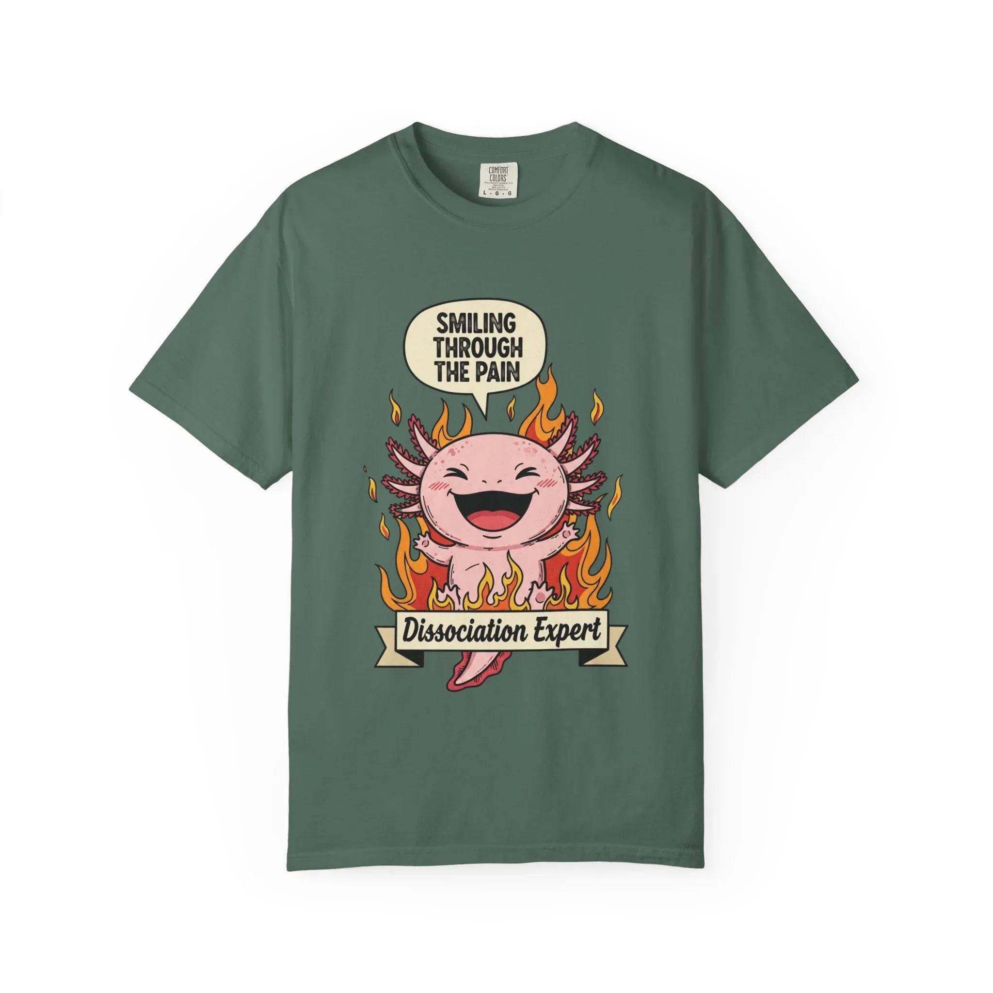 Funny Axolotl Shirt - "Dissociation Expert" Graphic Tee - Smiling Through The Pain Shirt - Mental Health Dark Humor Gift - Vintage Comfort Colors Style Oversized Top Blue Spruce
