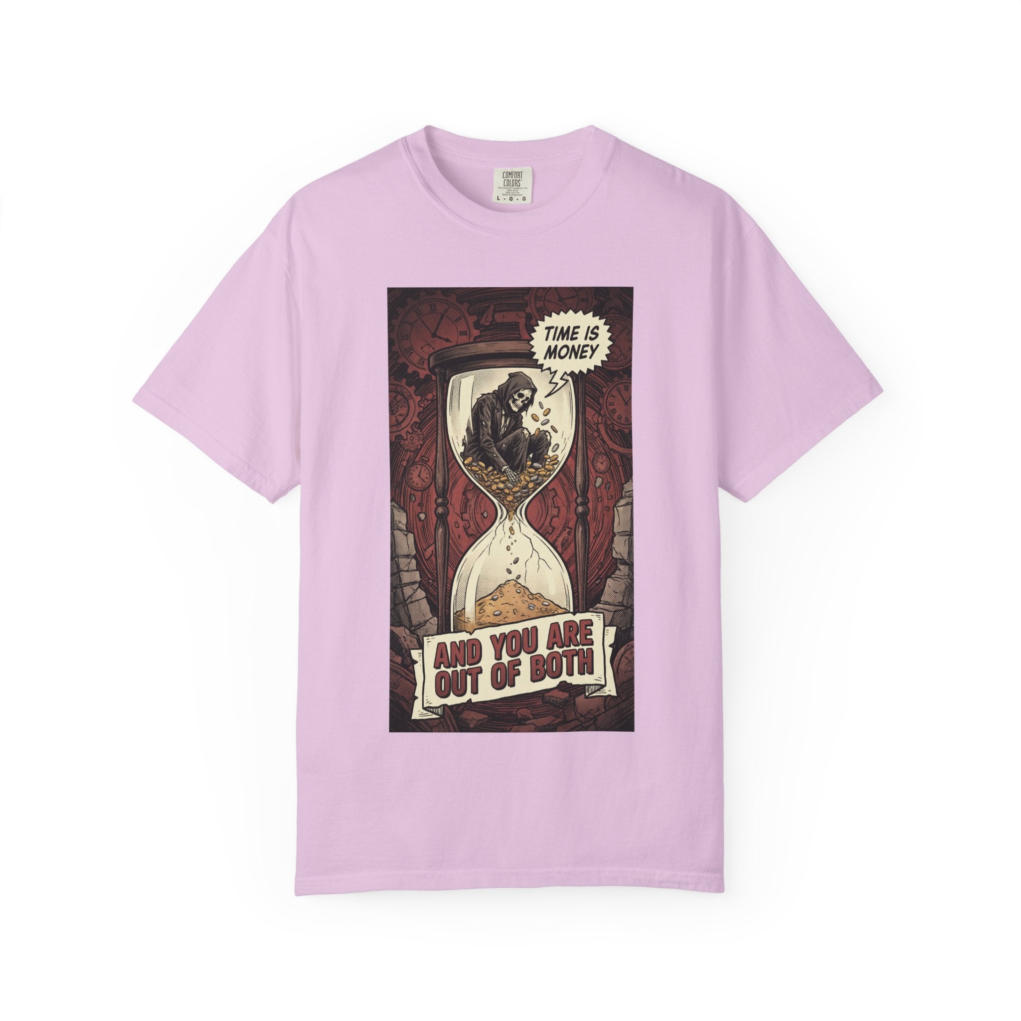 Time Is Money Shirt, Out of Both Grim Reaper Tee, Sarcastic Financial Satire Shirt, Vintage Grunge Hourglass Apparel, Dark Humor Philosophy Gift Orchid