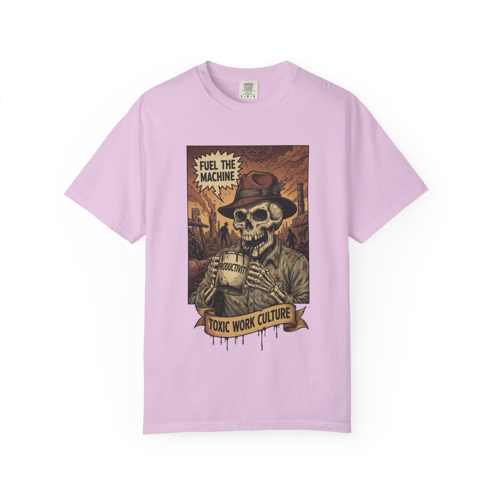 Fuel The Machine Shirt Vintage Skeleton Graphic Tee Anti Work Culture Satire Gift Funny Productivity Burnout T-Shirt Retro Industrial Grunge Orchid