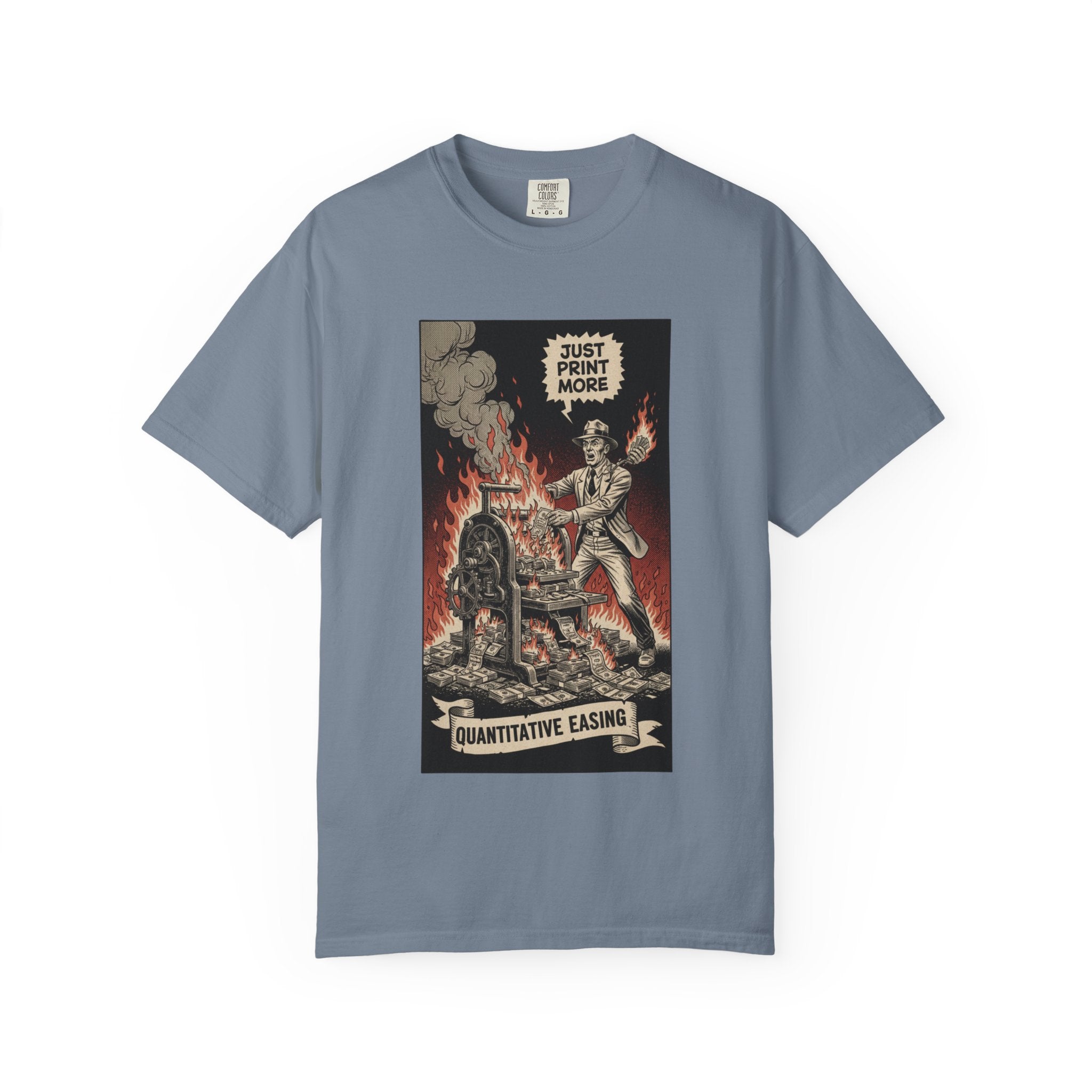 Quantitative Easing Shirt Money Printer Go Brrr Inflation Satire Tee Vintage Finance Gift Bitcoin Crypto Investor Tshirt Blue Jean